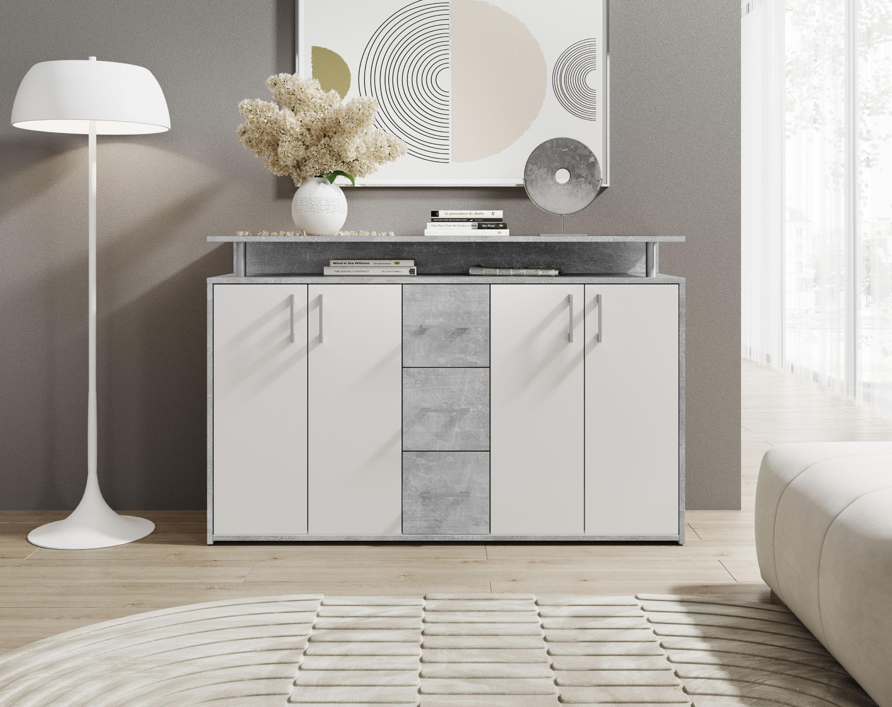 HBZ Drivno Sideboard 139x90x34 cm Weiß/Beton mit 3 Schubkästen