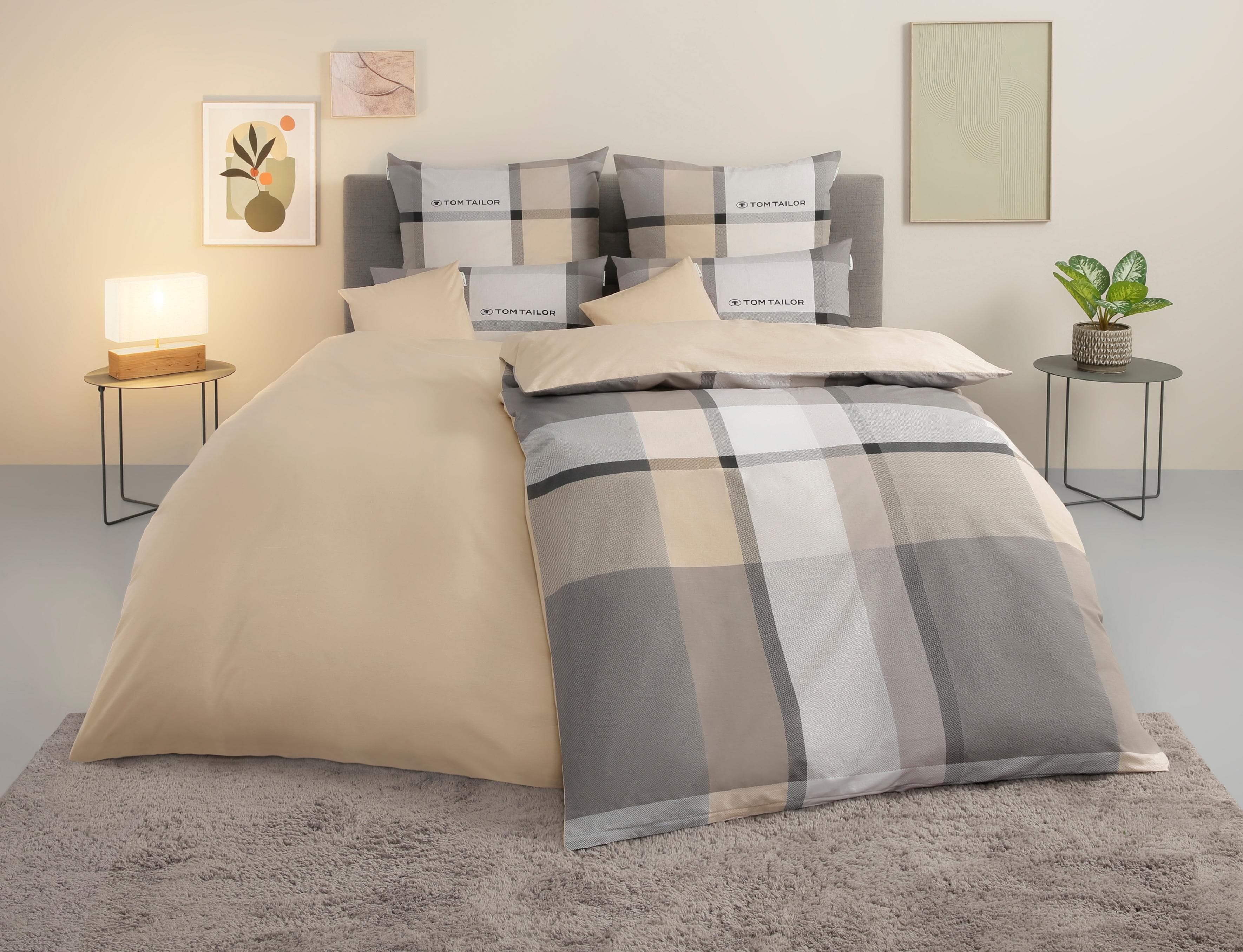 Beige Baumwoll-Bettwäsche in Karo- und Biber-Stil