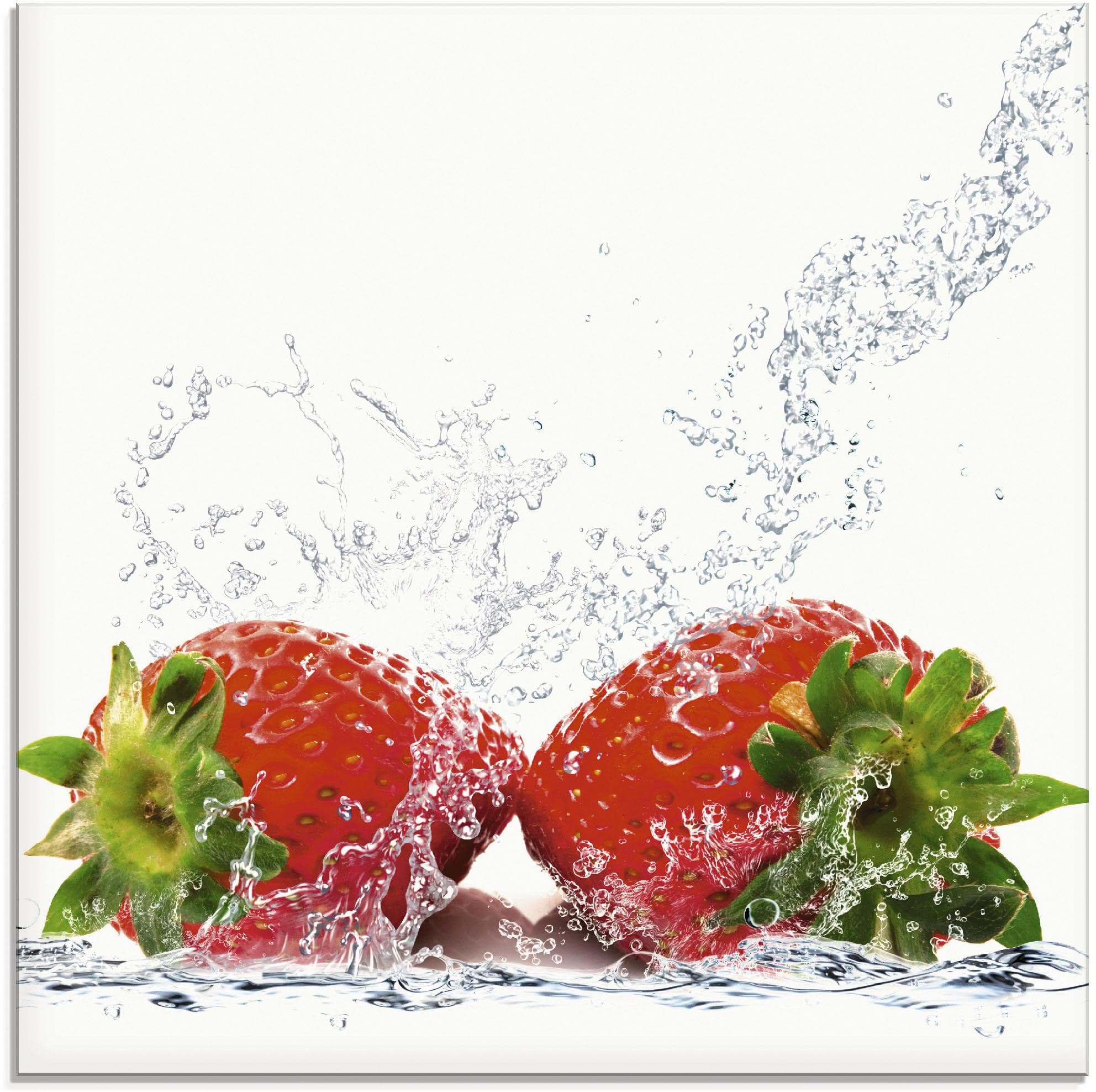 Artland Glasbild Erdbeeren mit Spritzwasser Lebensmittel