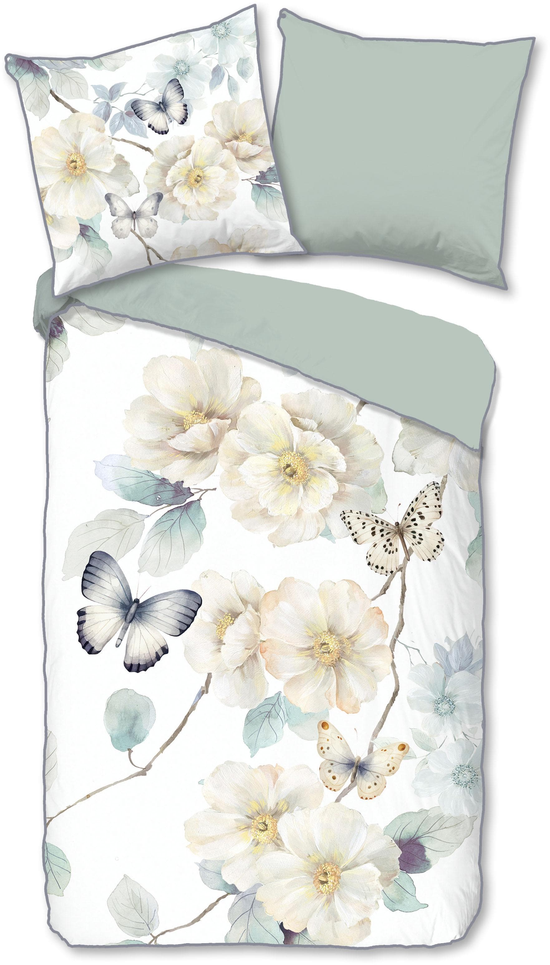 Descanso Wendebettwäsche Adiwanya Grün Weiß Blumen Satin