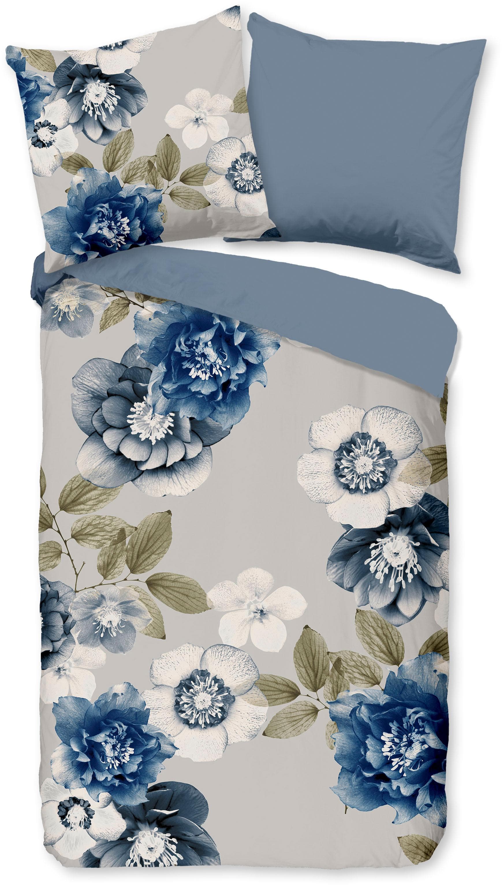 Wendebettwäsche GOOD MORNING Gabin Blau Grau Blumen Flanell