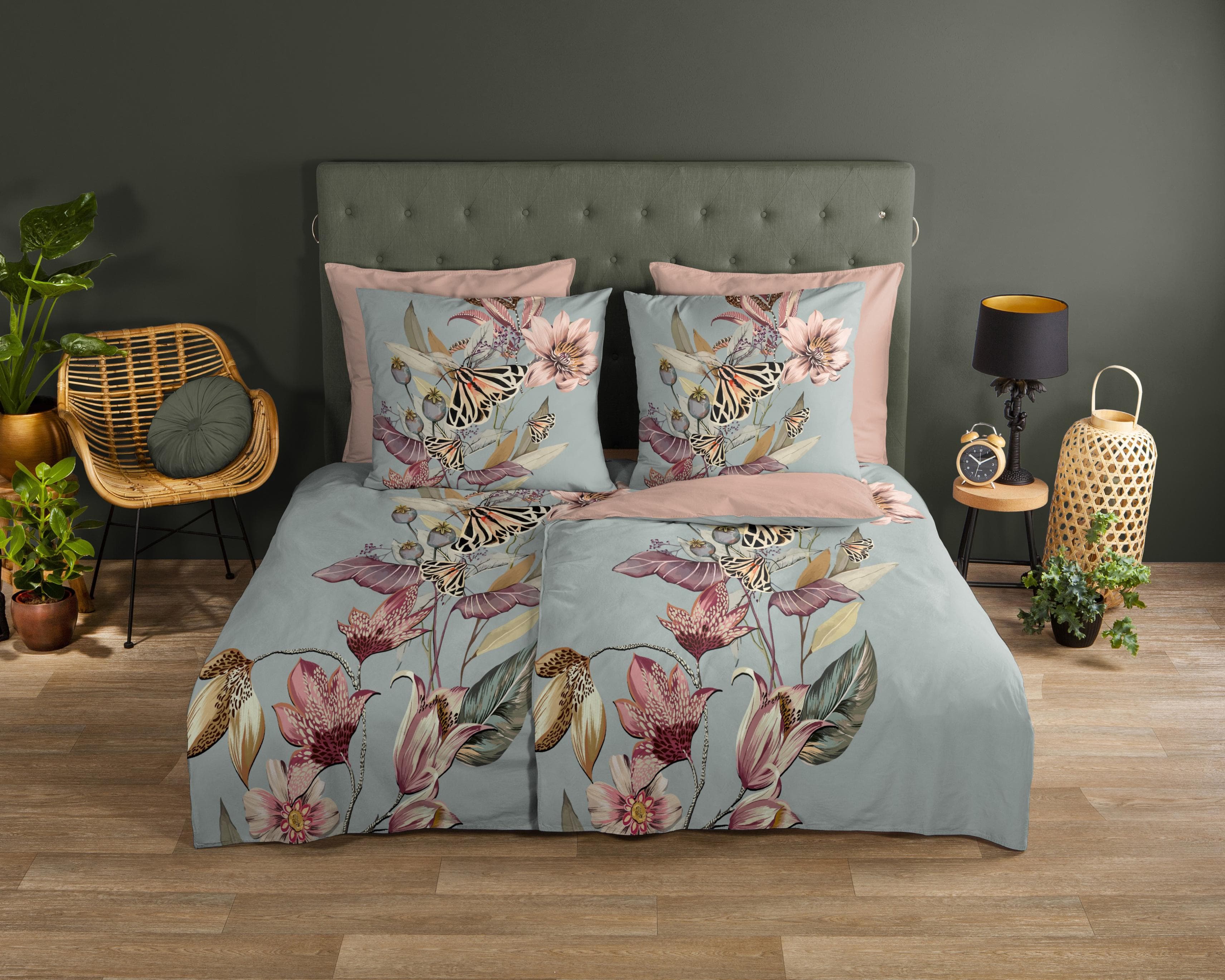 Good Morning Wendebettwäsche Lyave Blaugrau Blumen 100% Baumwolle