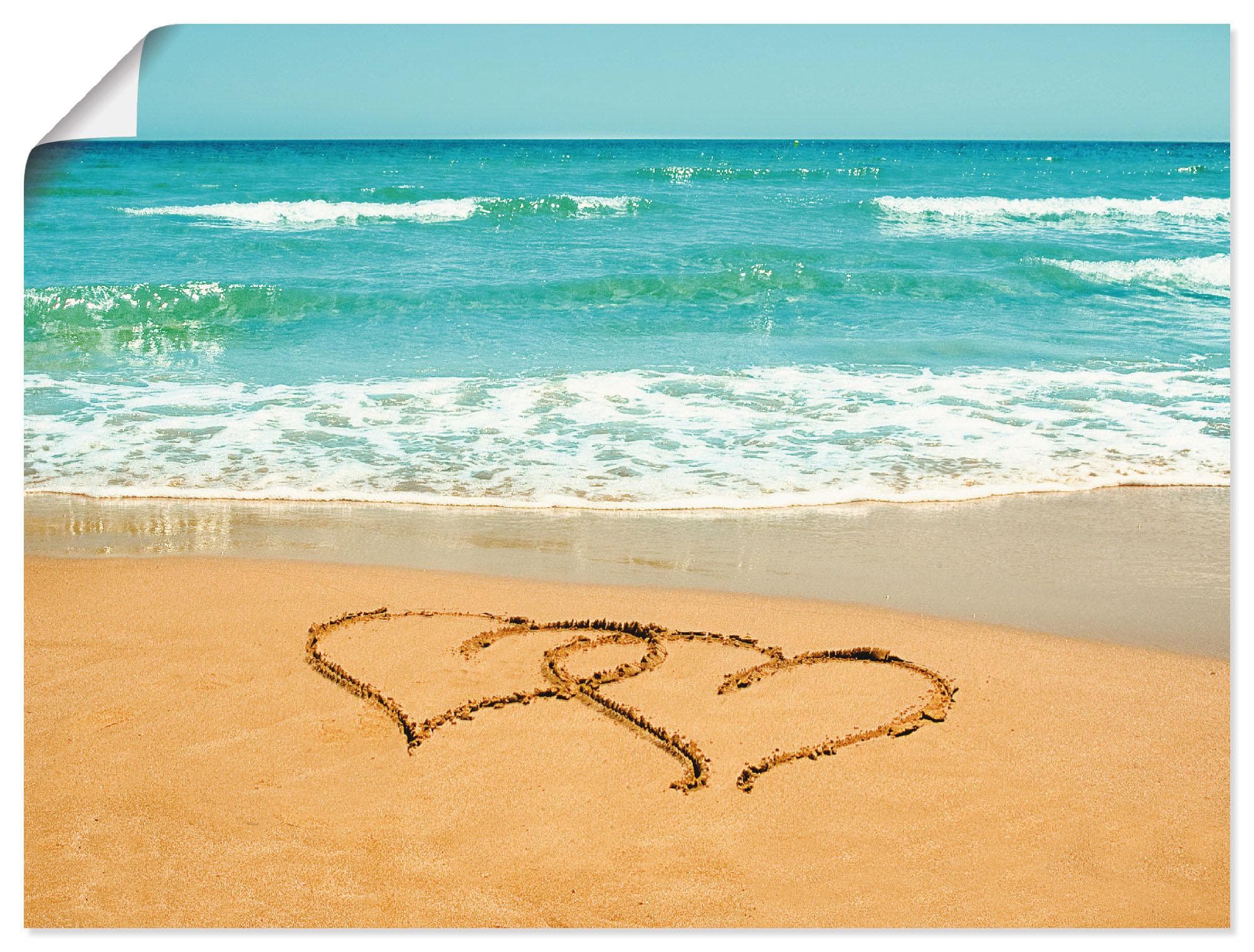 Poster ARTLAND "Herzen im Sand" Blau Strandmotiv