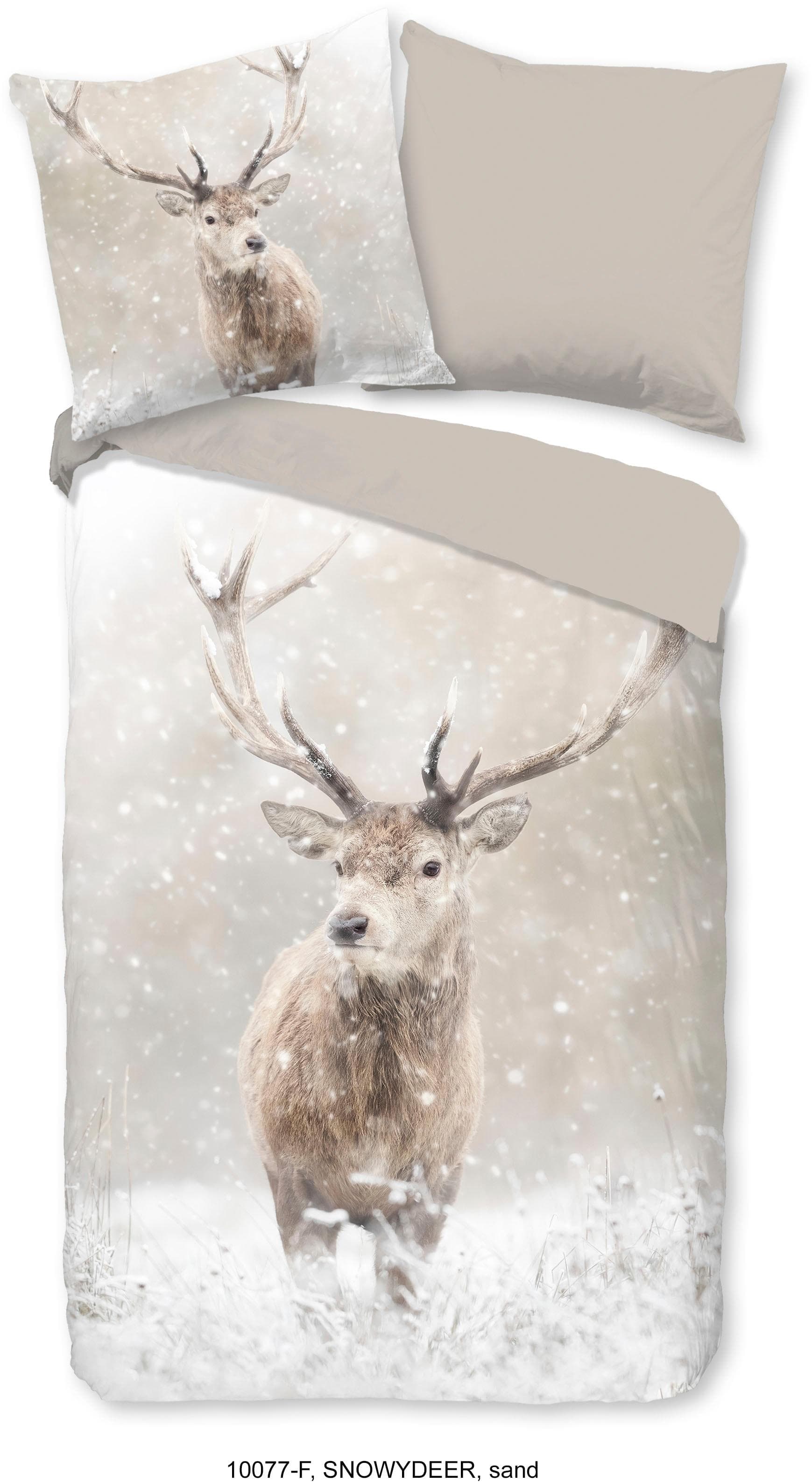 GOOD MORNING Wendebettwäsche Snowydeer Sand Flanell 100% Baumwolle