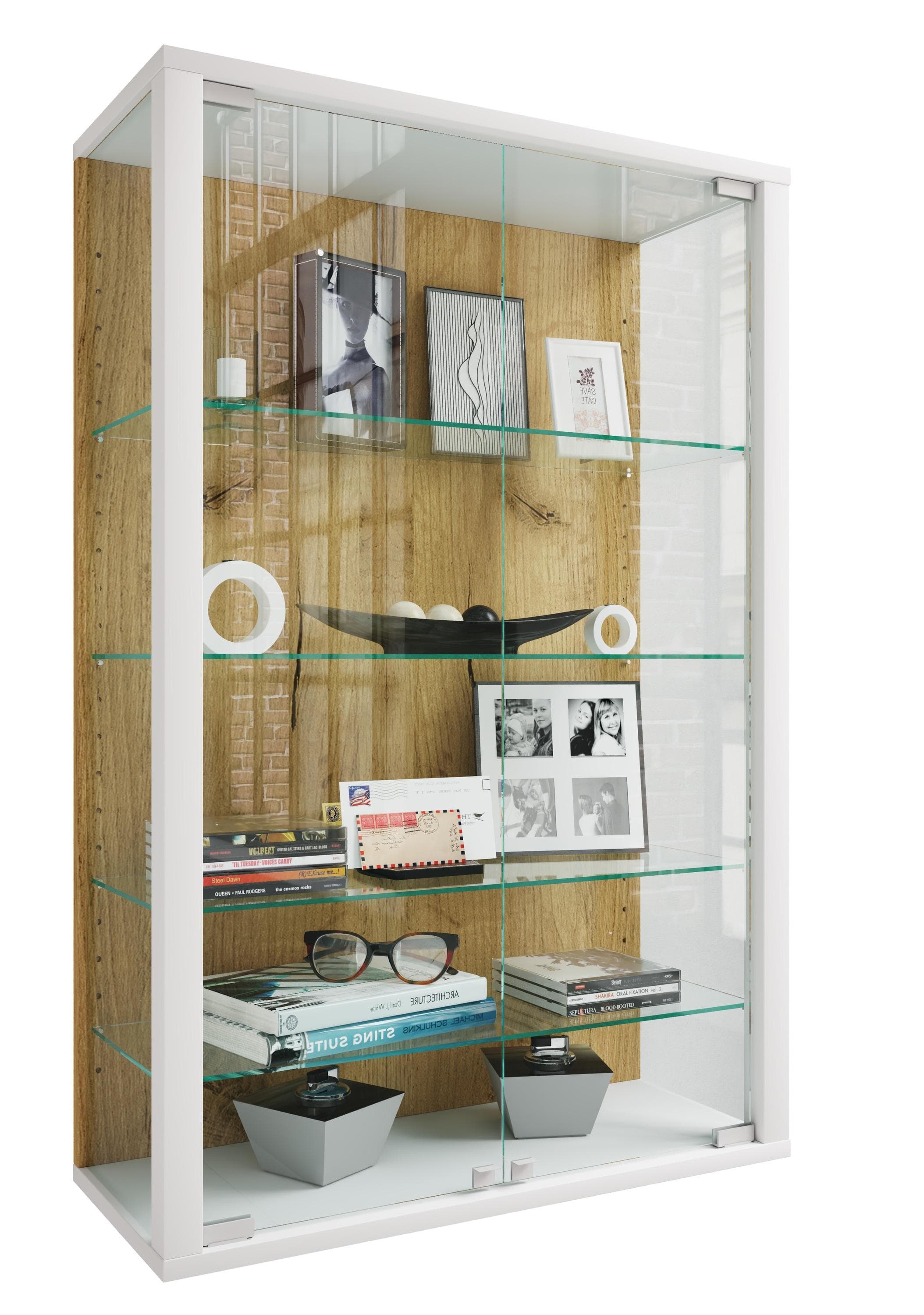 Wandvitrine Udina L von VCM, braun, weiß, honig, eiche, Wandregal