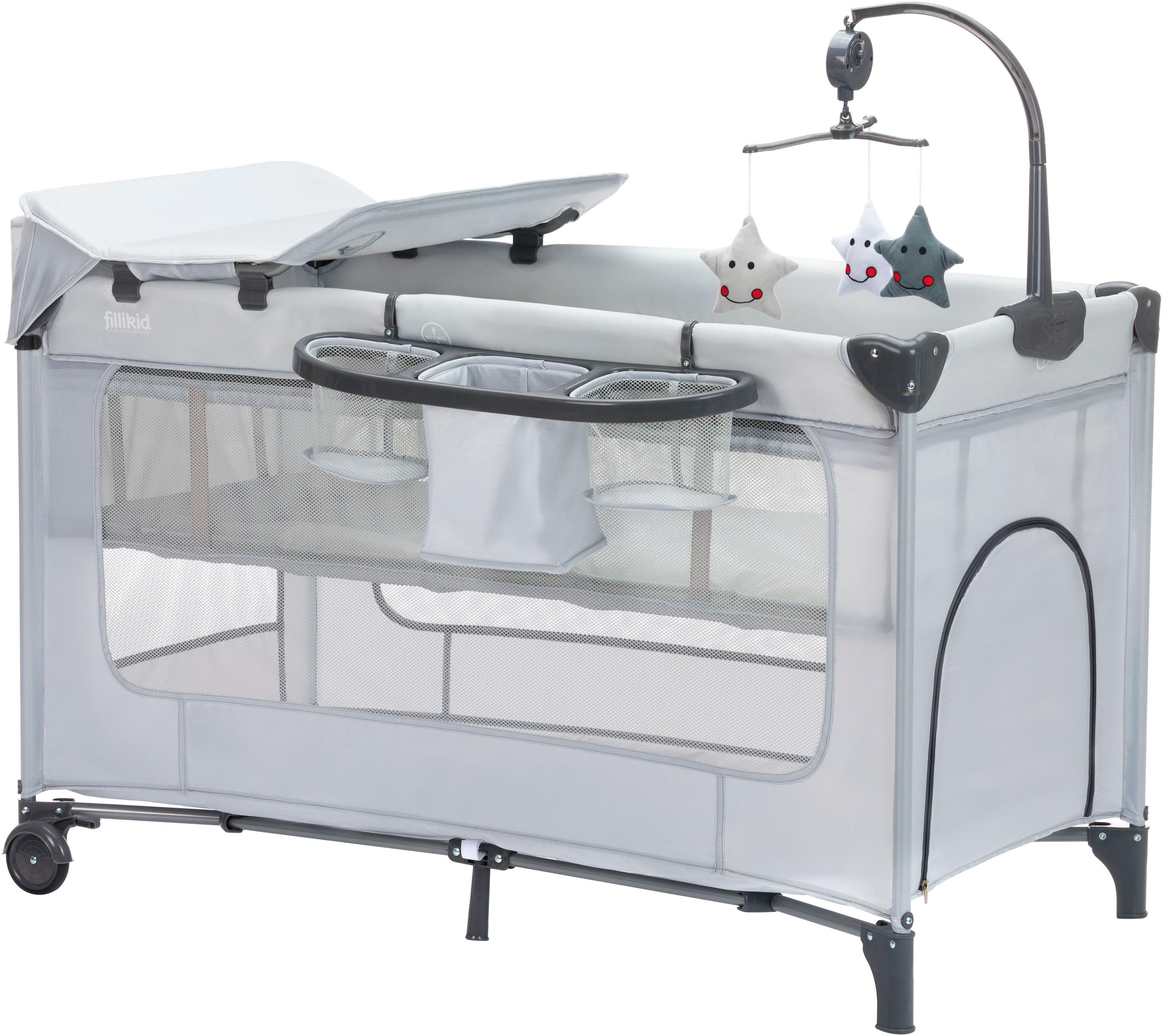 FILLIKID Capri Baby-Reisebett Grau mit Wickelaufsatz und Transporttasche