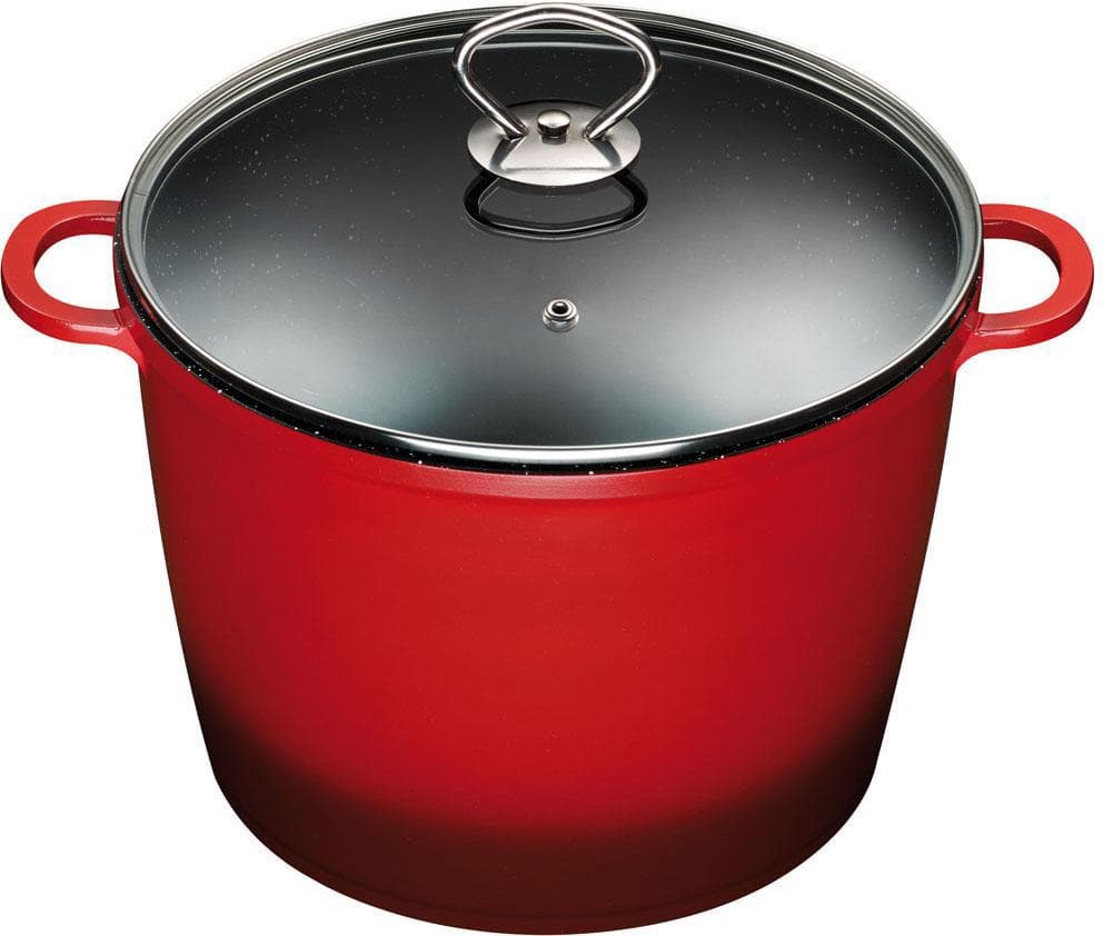 Roter Kochtopf aus Aluminiumguss und Glas, Induktion
