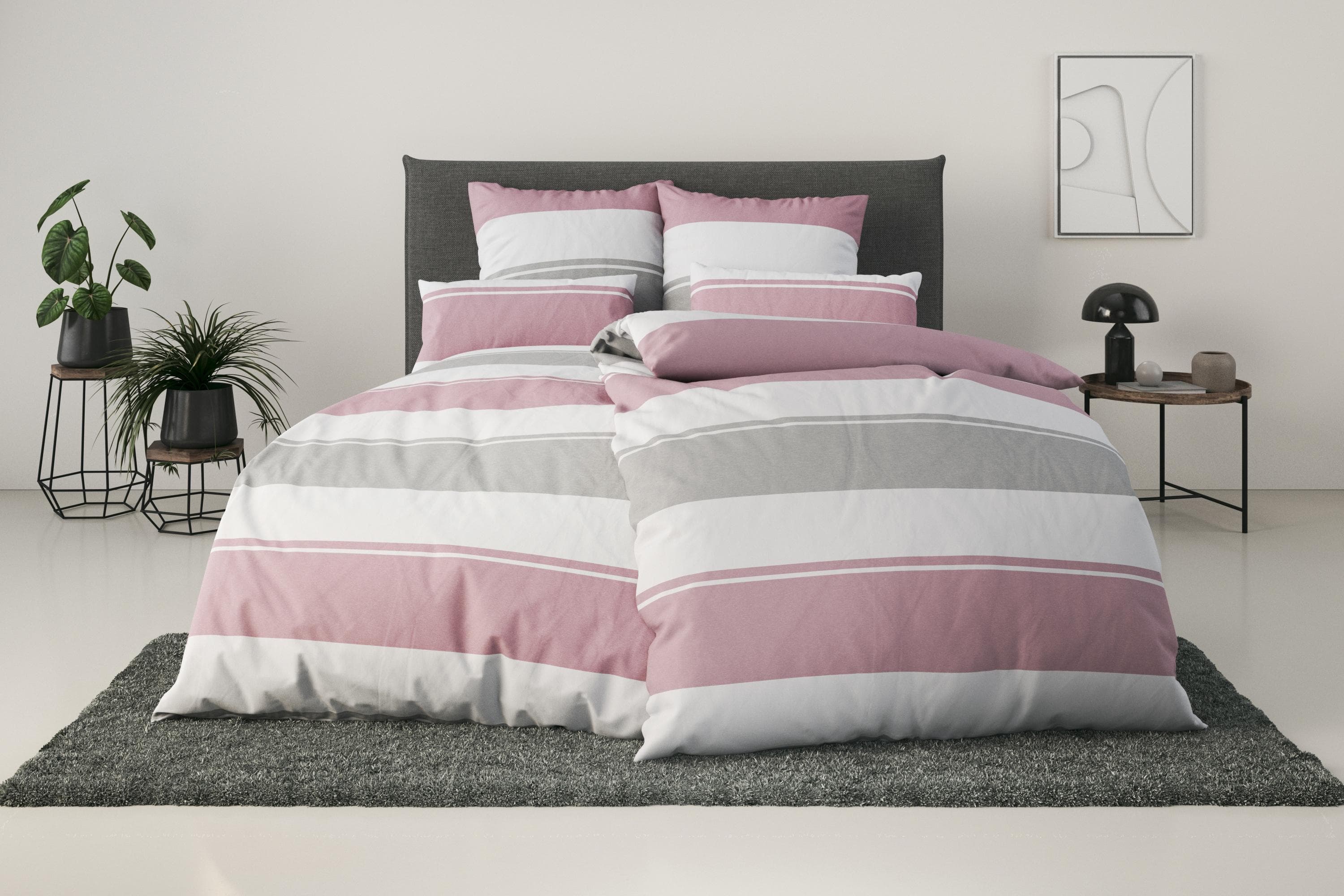 Gestreifte Bettwäsche aus Baumwolle in Lila und Beere