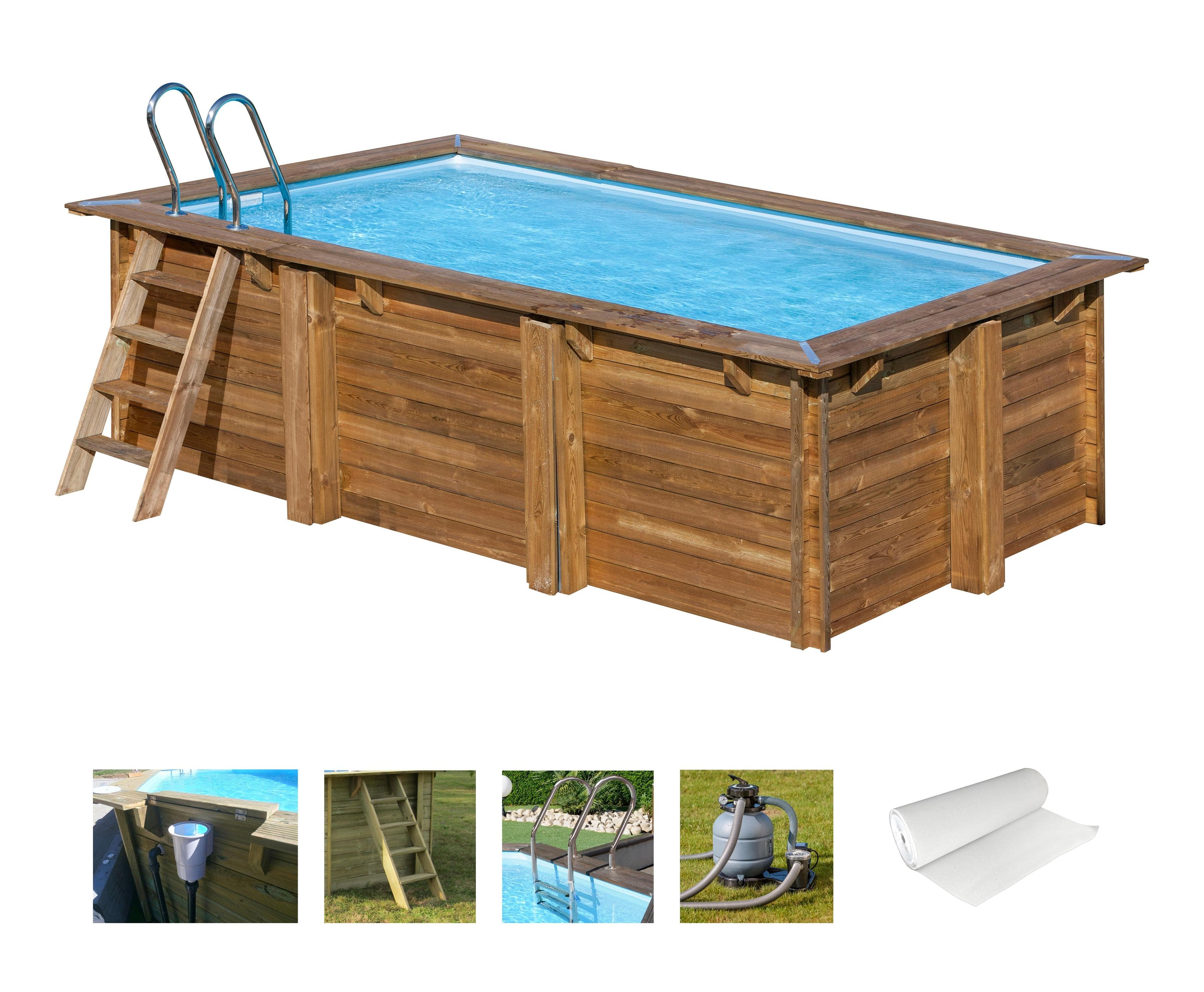 Rechteckiges Schwimmbecken aus Kiefernholz, PVC, Edelstahl und Holz