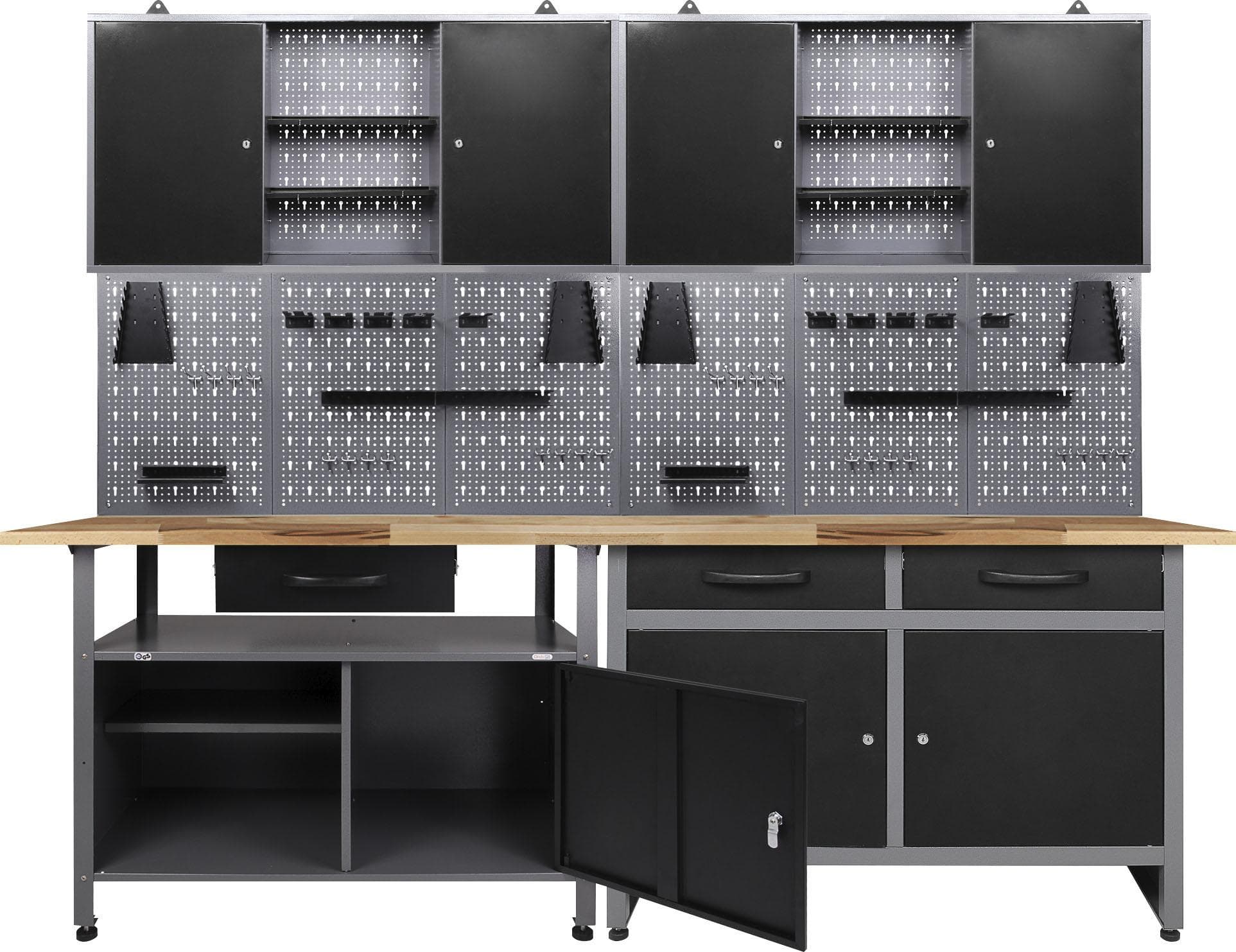 ONDIS24 Werkstatt-Set 2x Werkbank 2x Schrank 2x Lochwand Schwarz Grau