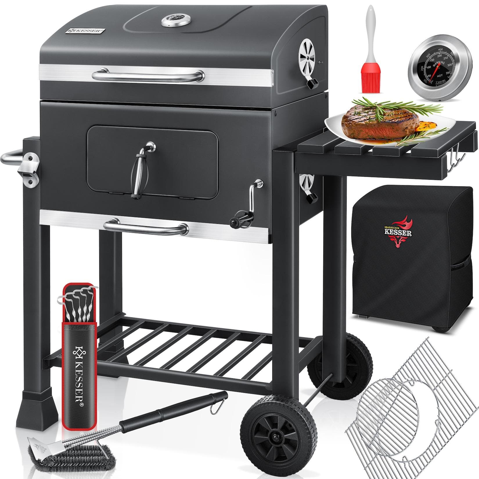 KESSER® Grill Grillwagen XXL Holzkohlegrill mit Deckel, Rädern, Edelstahl-Griff, Grillrost und Thermometer
