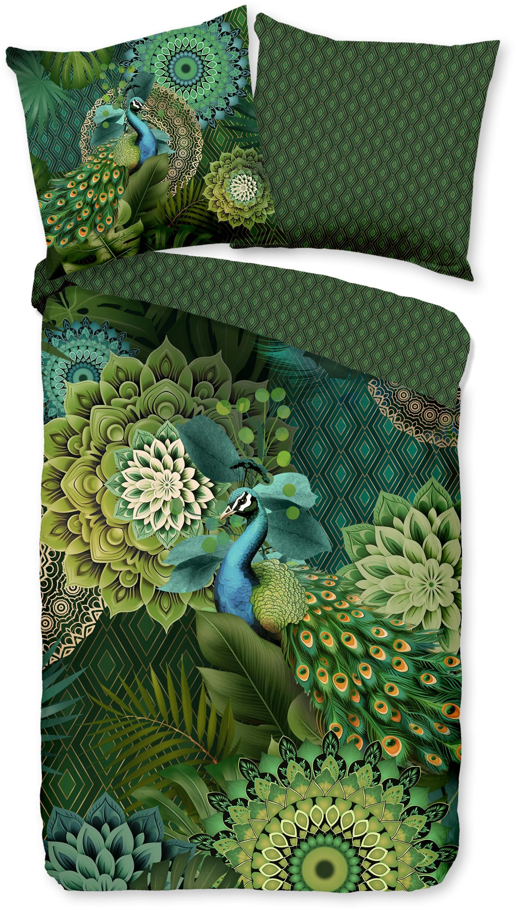 HIP Wendebettwäsche Agatha Grün Mako-Satin Pfau-Motiv