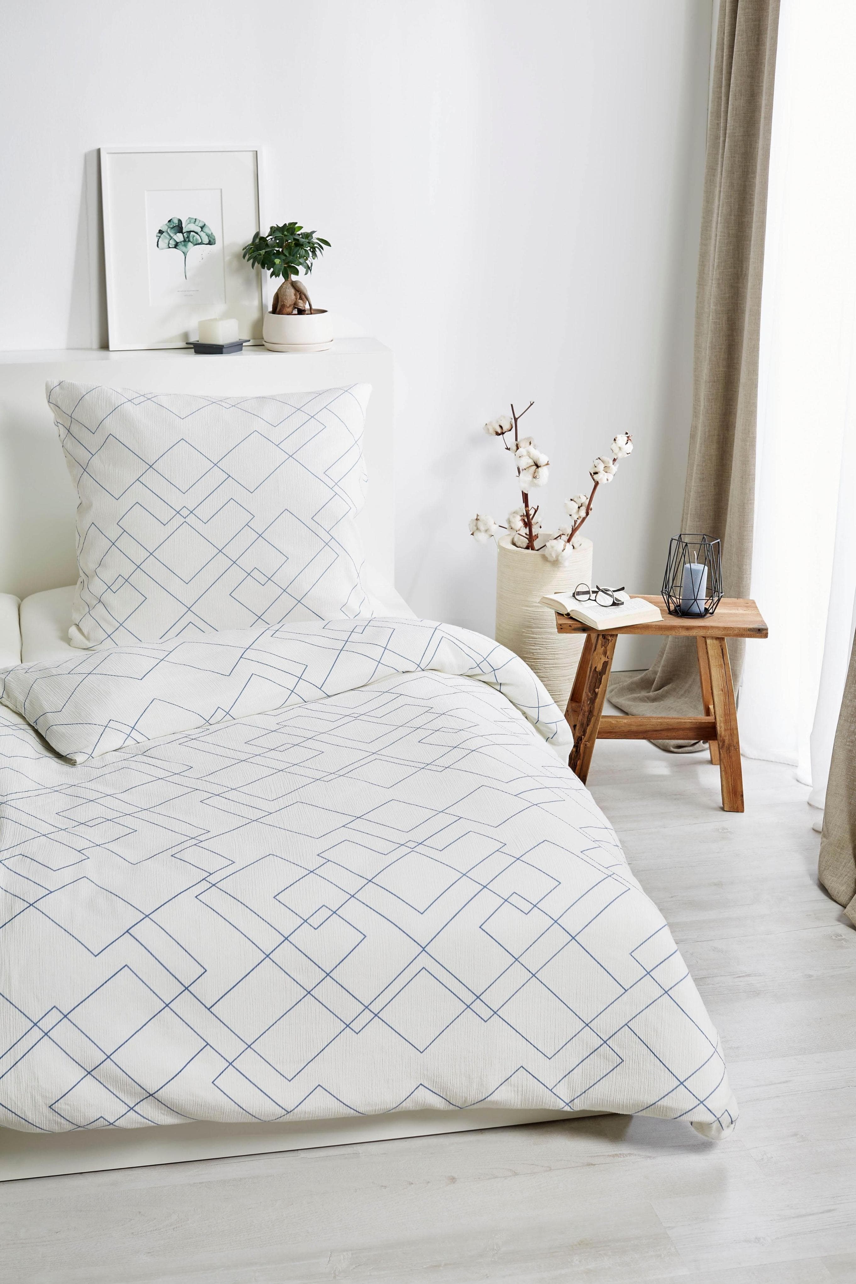 Primera Bio Crepe Mosaik Bettwäsche Set Natur Blau 135x200 cm