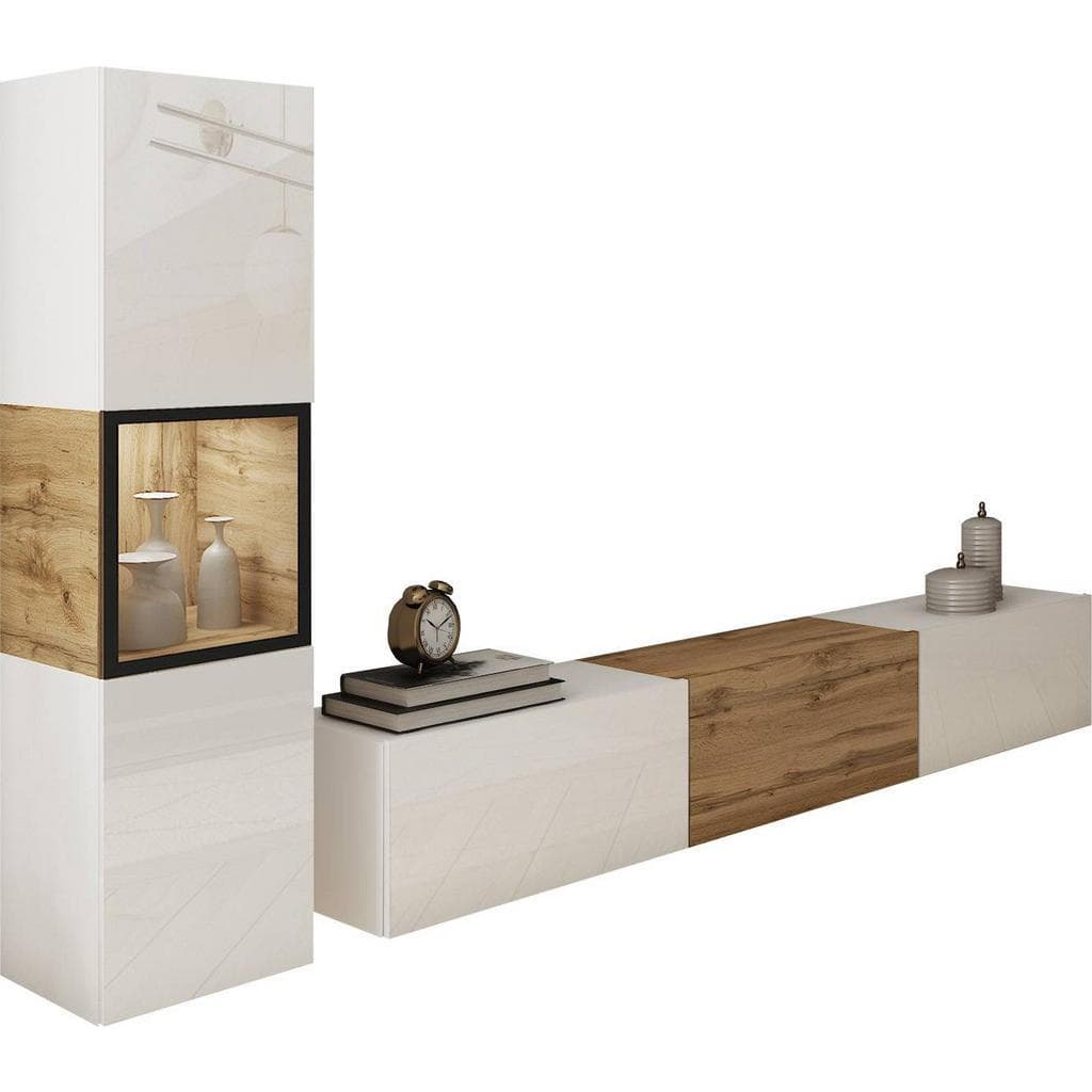 P & B Wohnwand Berlin Weiß Eiche Wotan Glas Holzwerkstoff 2-teilig 4 Fächer