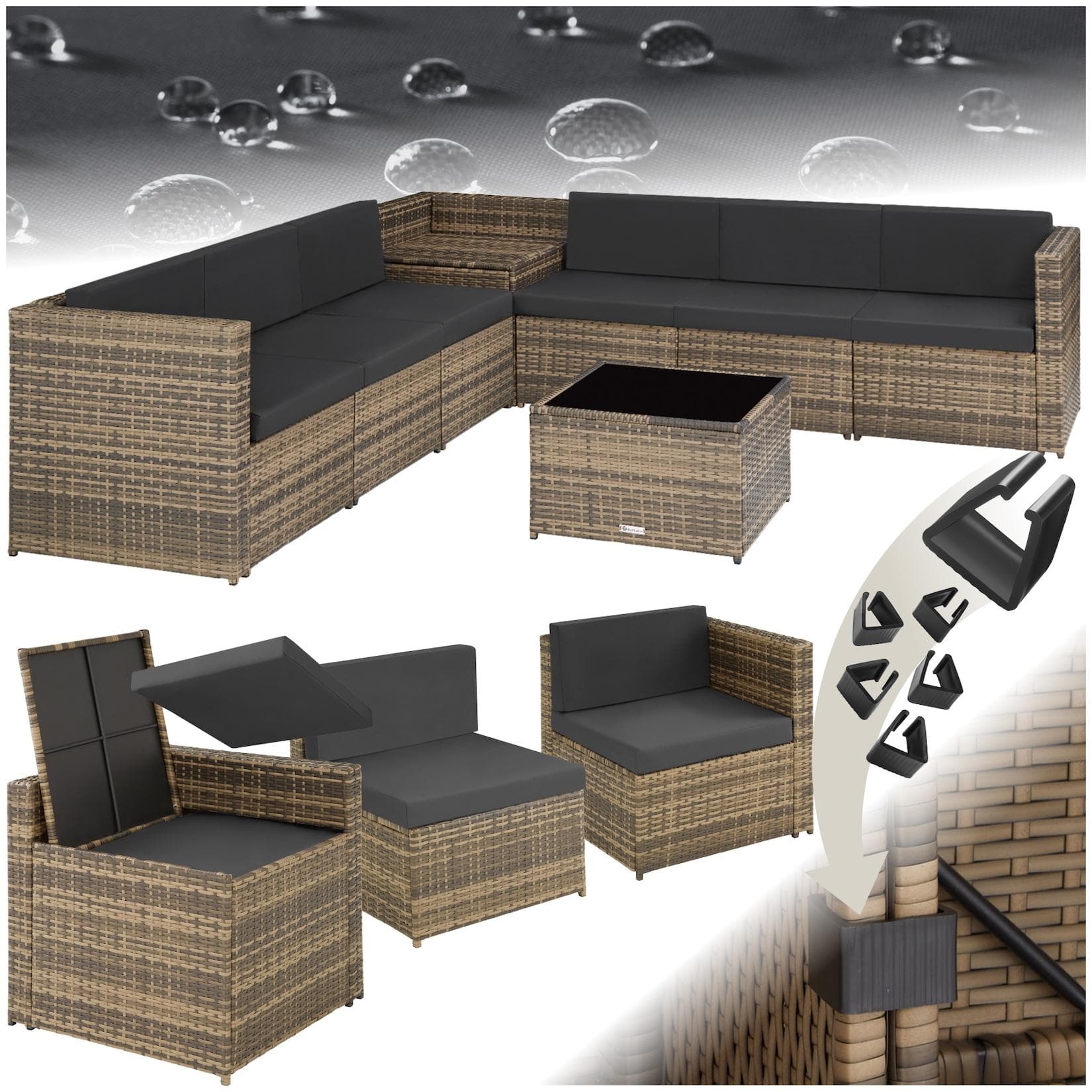 tectake Loungeset Rattan Lounge 8-tlg. Verona Beige/Schwarz mit Glasplatte