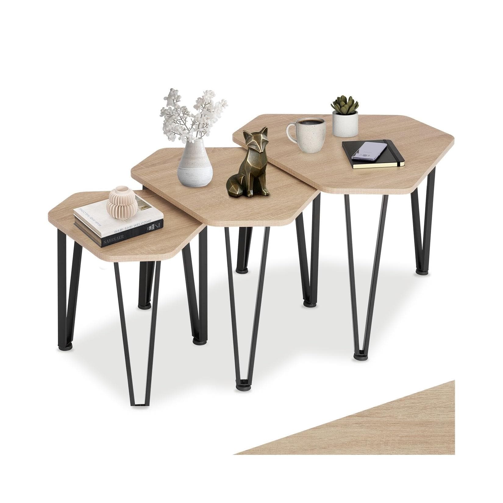 TecTake Beistelltisch-Set 3-teilig Holz und Stahl stapelbar