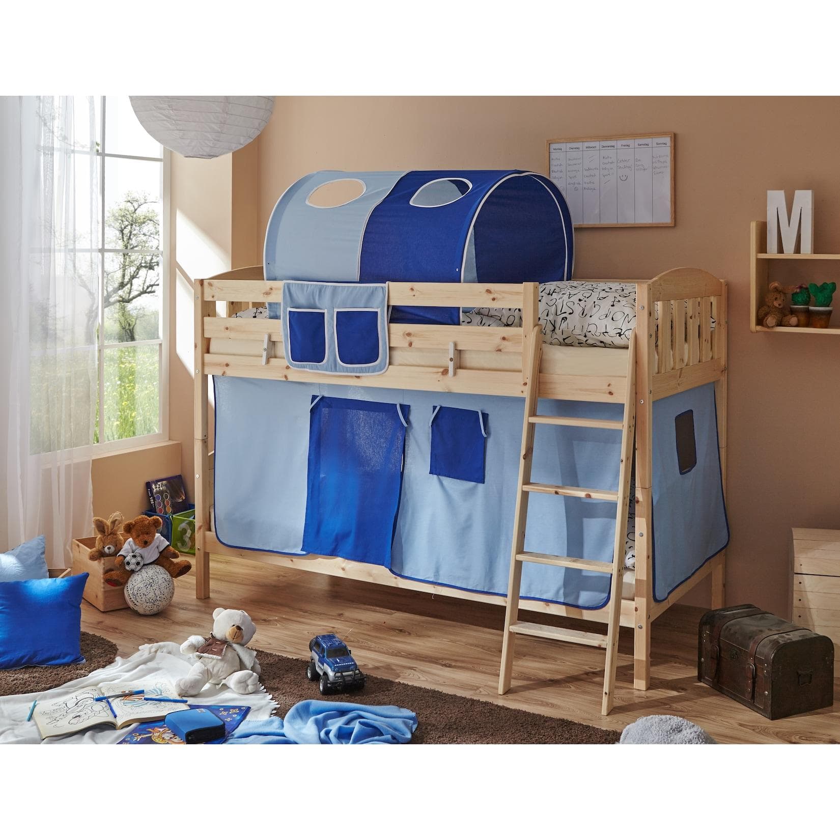 TiCAA Etagenbett Erni Country-V Kiefer Natur mit Schrägleiter