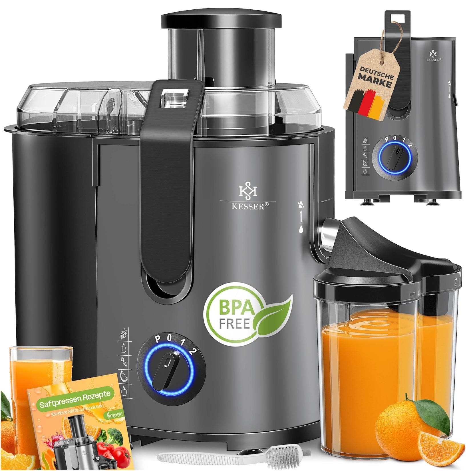 KESSER® Entsafter für Obst und Gemüse aus Edelstahl 1100W große 85 mm Einfüllöffnung inkl. Reinigungsbürste und Saftbehälter 3 Geschwindigkeitsstufen, Saftpresse Juicer