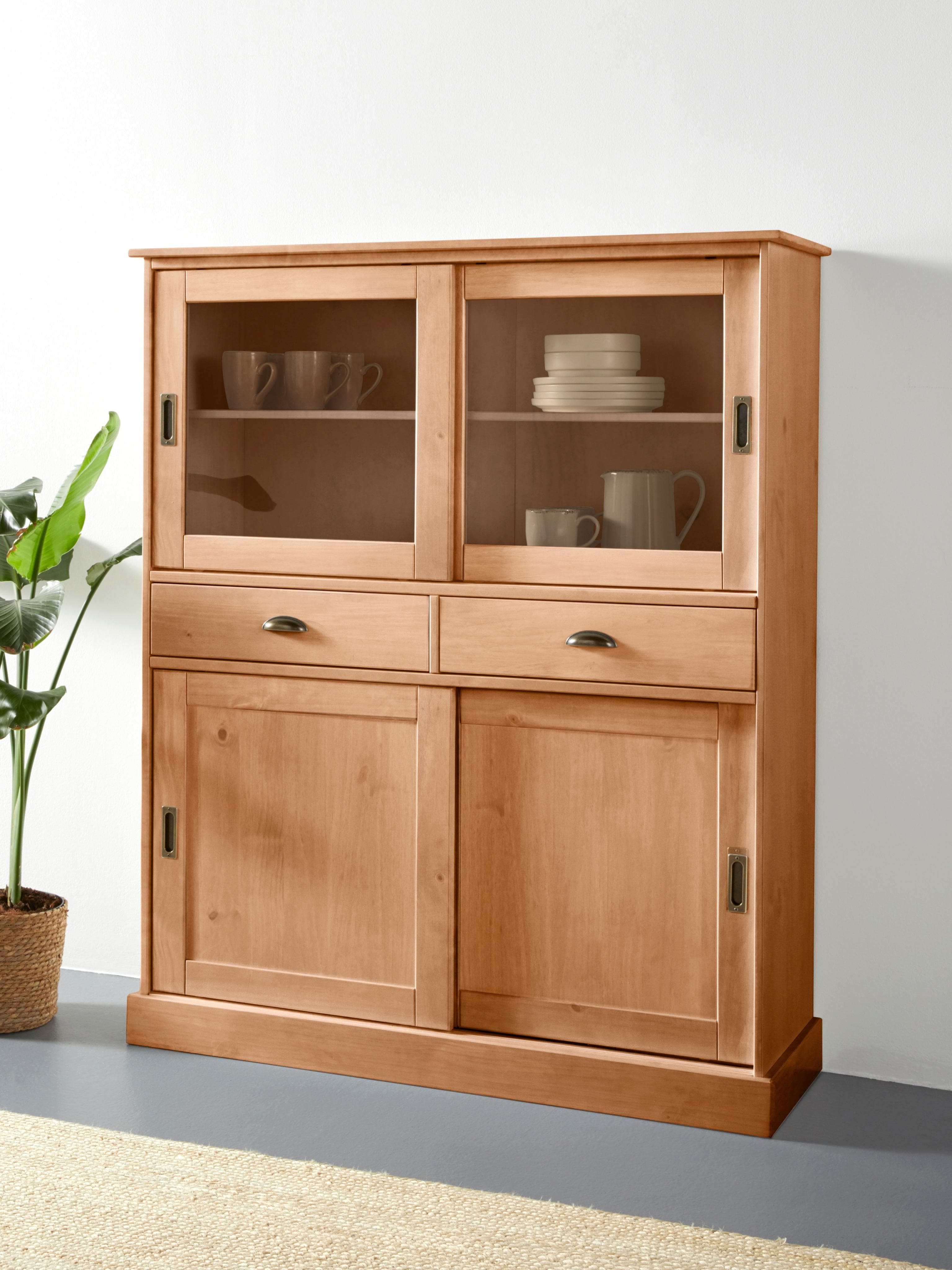 OTTO HOME Highboard Schröder Beige Massivholz mit Glastüren