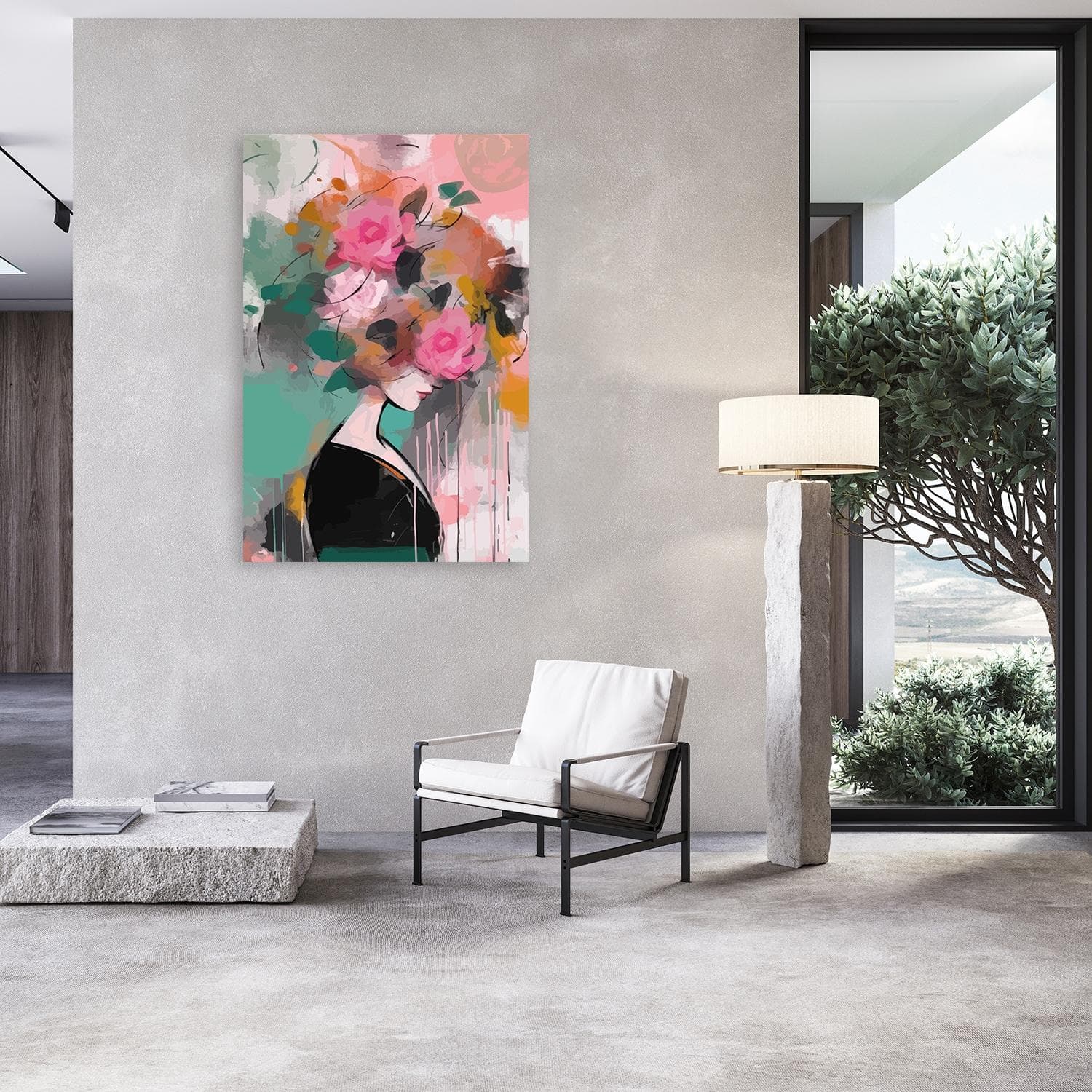 Acrylglasbild QUEENCE Frau mit Rosen auf dem Kopf in knalligen Farben