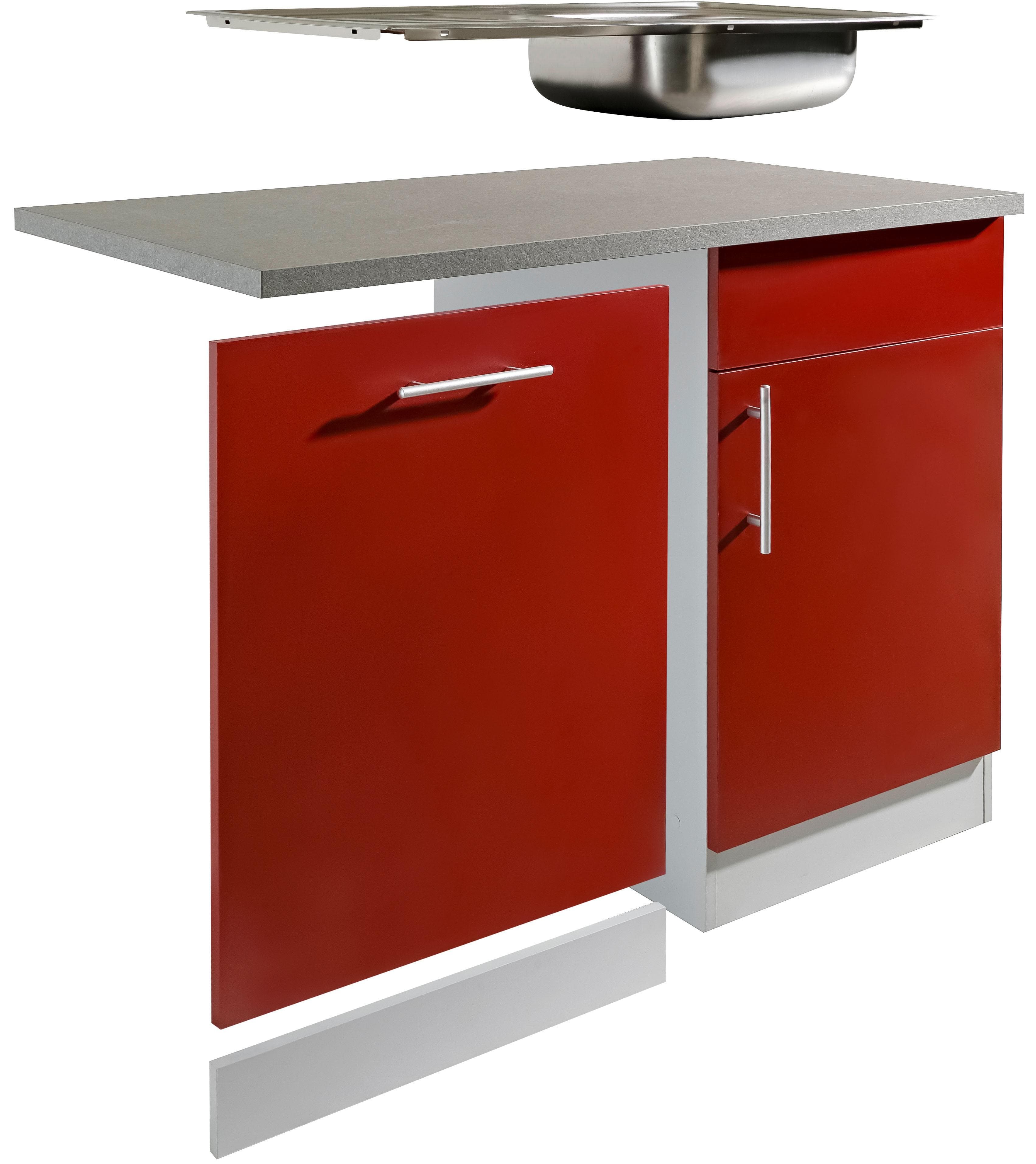 Spülenschrank WIHO KÜCHEN "Kiel" Burgund mit Canvas Grau Arbeitsplatte