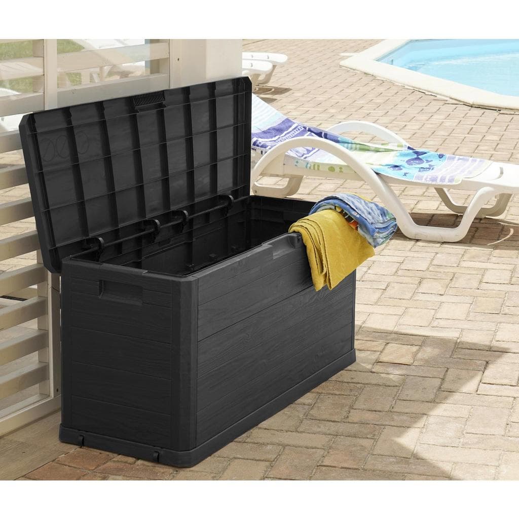 Kissenbox Anthrazit Kunststoff Holz 1 Fächer 117x56x45 cm Deckel Rollbar UV-Beständig Absperrbar Aufbewahrung Schutzhüllen Gartenboxen