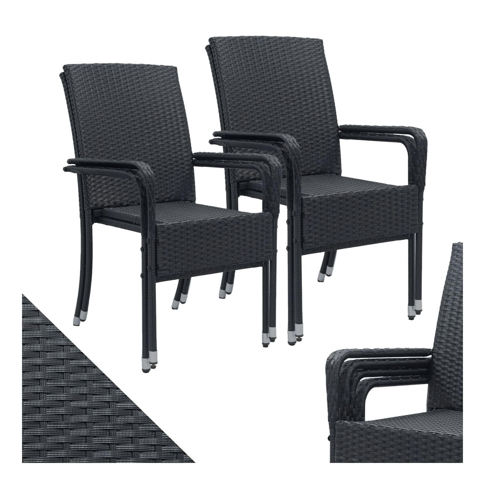 Juskys Gartenstuhl Yoro 4er Set Schwarz Polyrattan Stapelbar