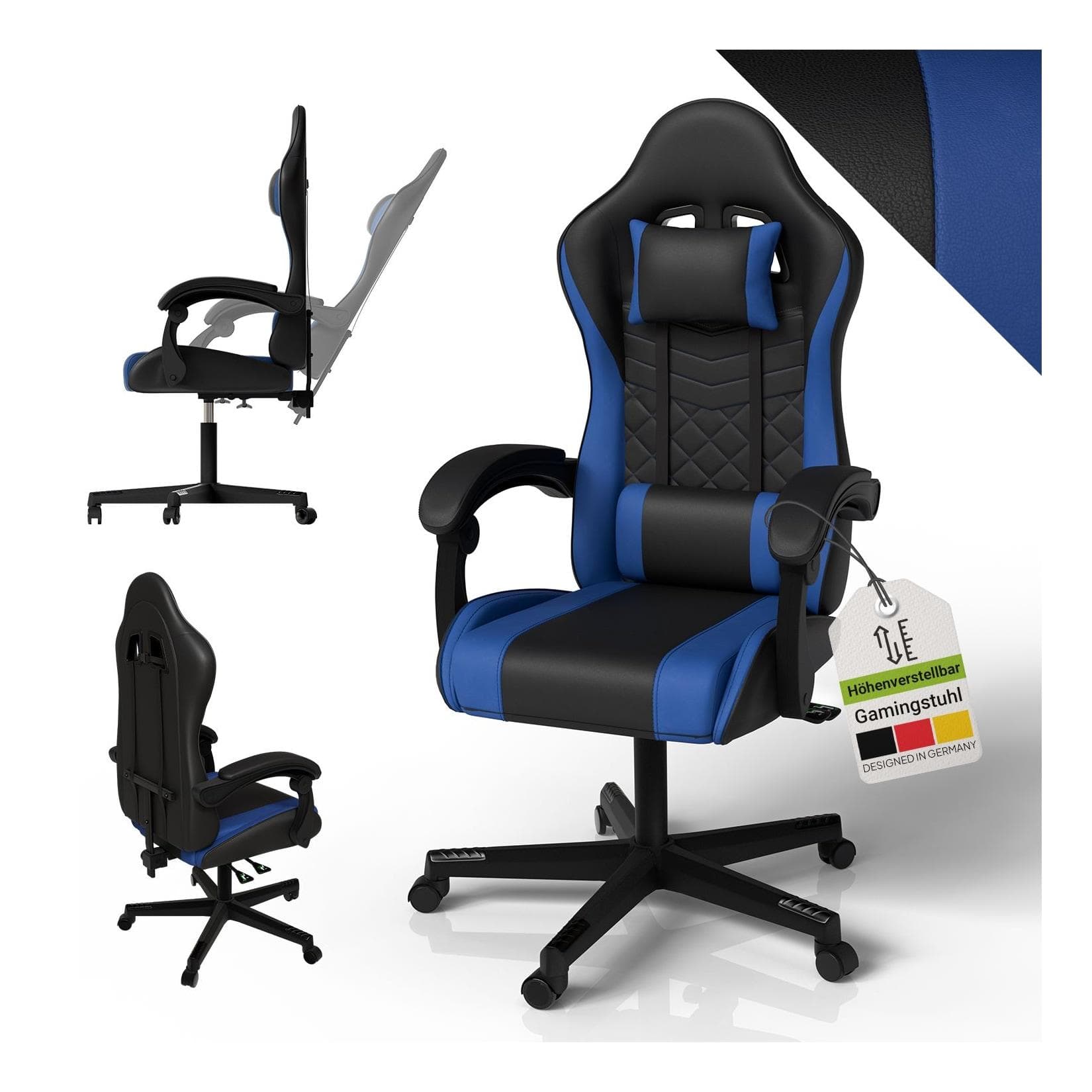 Juskys Gaming-Stuhl HyperSeat Schwarz/Blau Verstellbare Rückenlehne