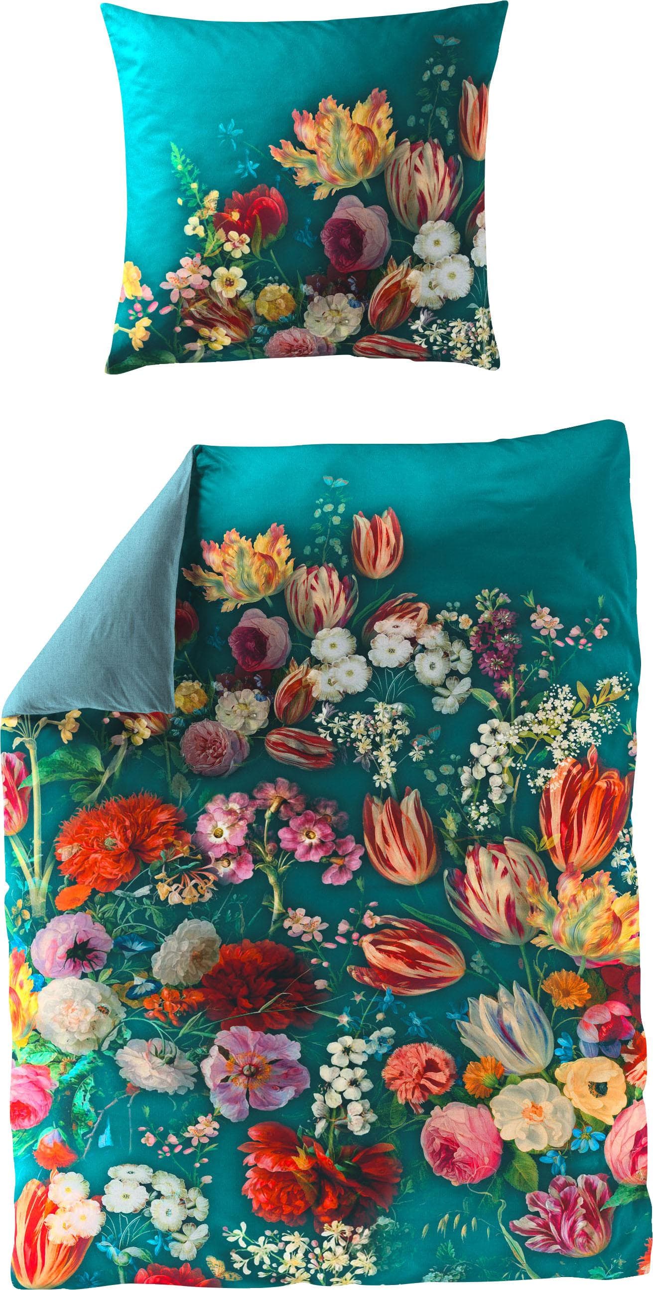 BIERBAUM Wendebettwäsche Petrol Flowers Mako-Satin 100% Baumwolle
