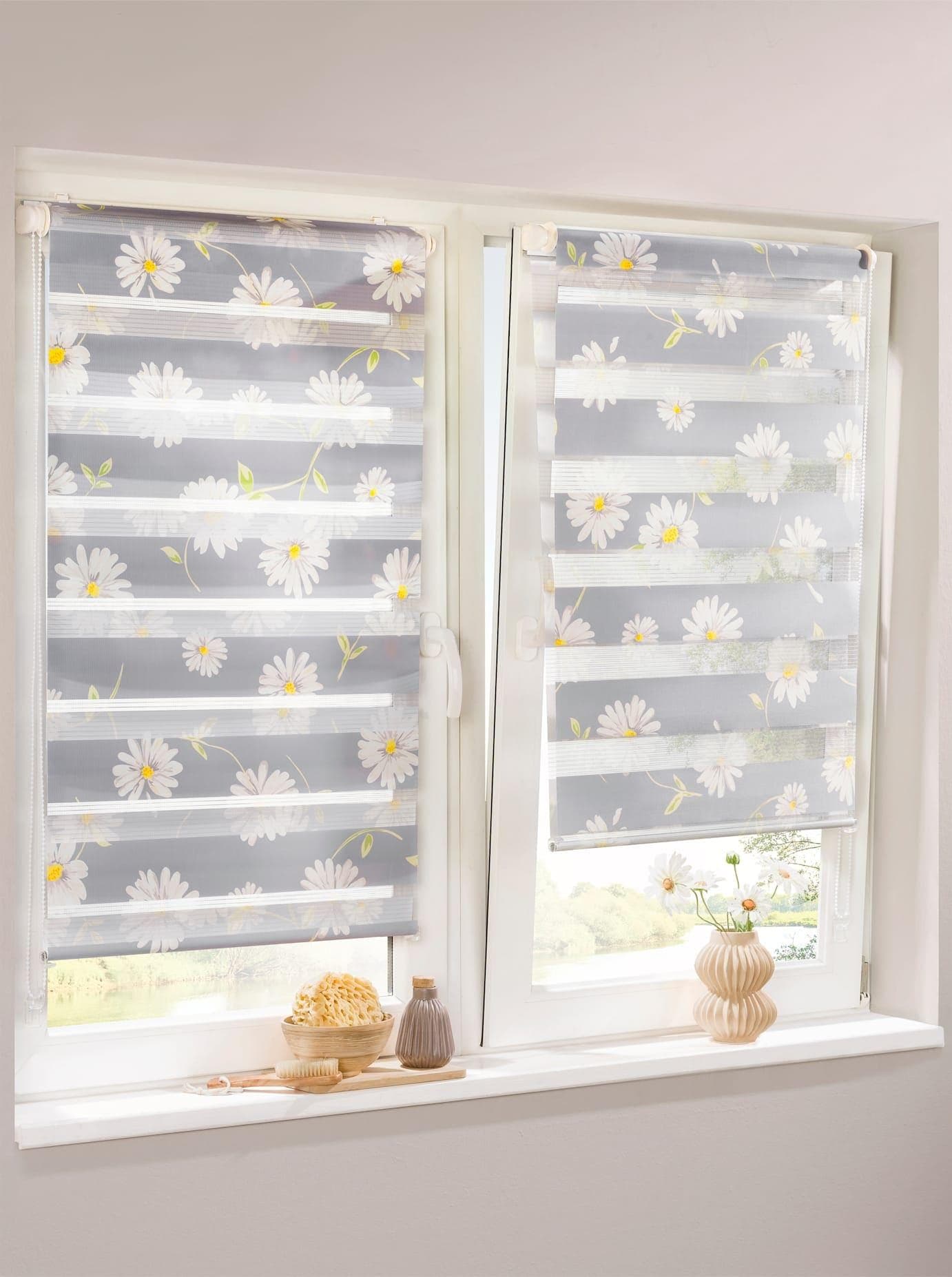Bändchenrollo HEINE HOME Gr. 6, grau, Margeritenmuster