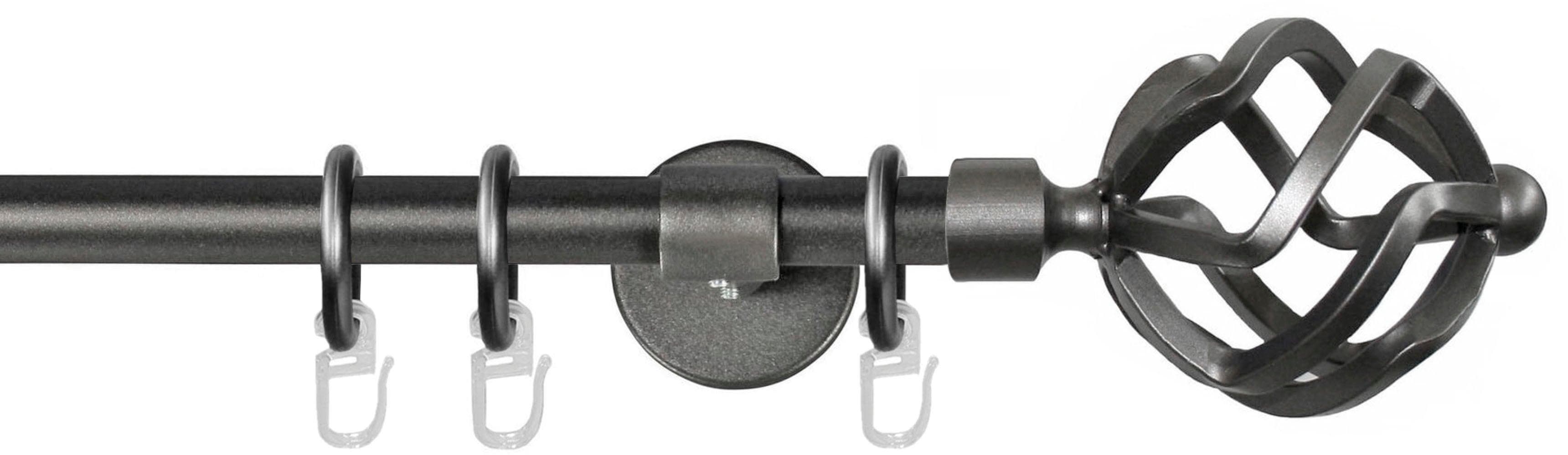 GARESA Gardinenstange RUSTIKA, Ø 16 mm, 1-läufig, Wunschmaßlänge, verschraubt, Metall, rustikale Vorhanggarnitur, verlängerbar, m. Ringe, Endknopf Korb