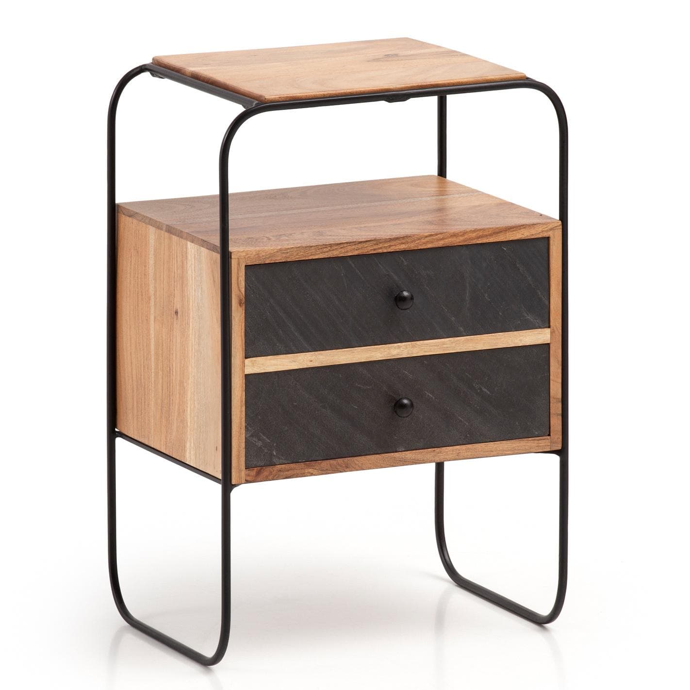 Nachttisch Massivholz Akazie Hellbraun Designer Gestell Schwarz