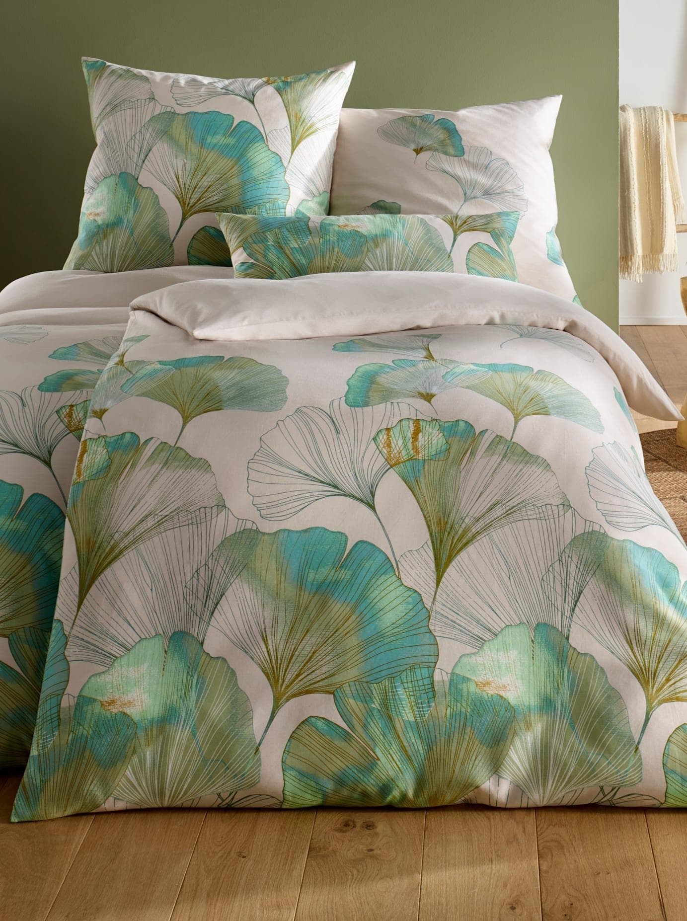 HEINE HOME Bettwäsche Set 2-tlg. Mako-Satin Grün/Weiß Gingko