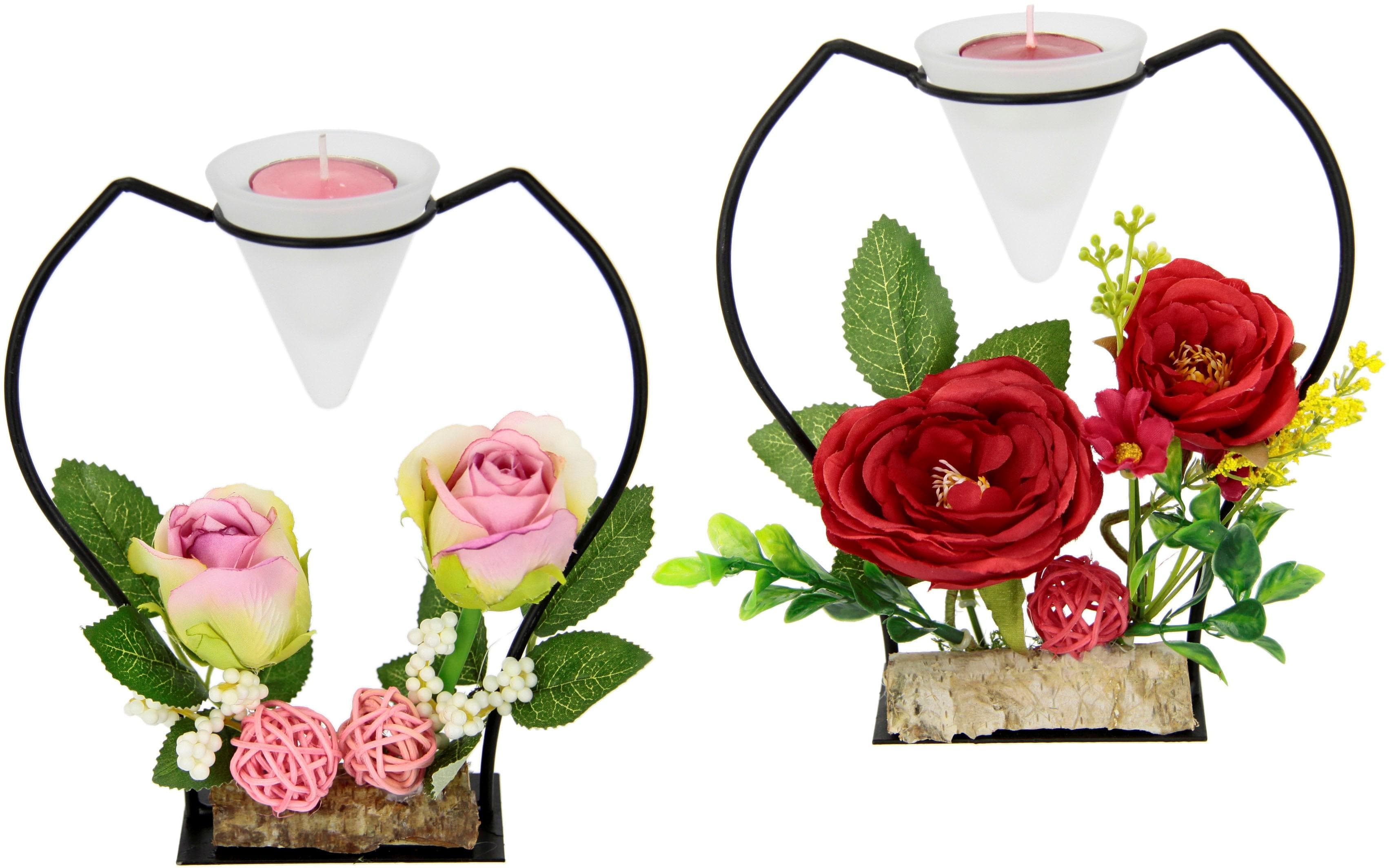 I.GE.A. Teelichthalter Rose: Glas & Metall, Rot/Rosa, Deko-Set