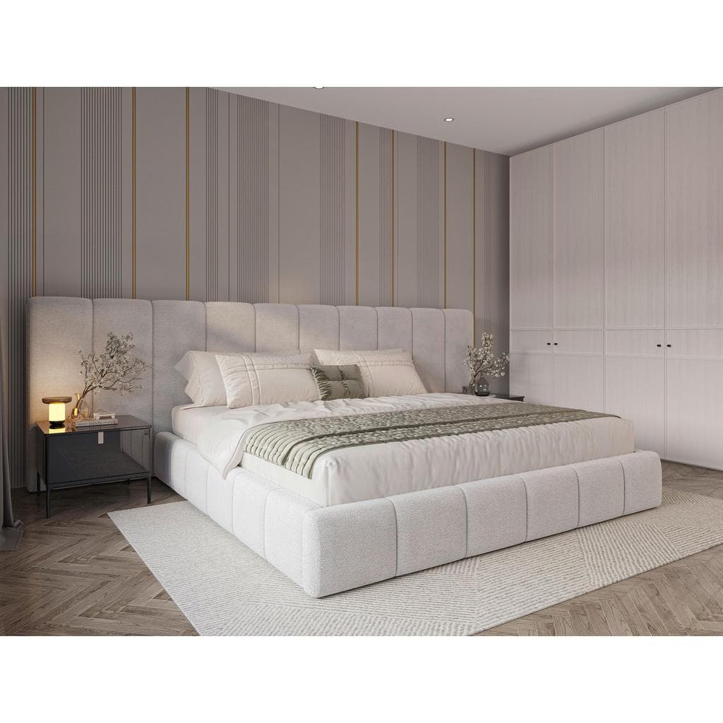 Chameo Polsterbett Beige mit Bettkasten und gepolstertem Kopfteil