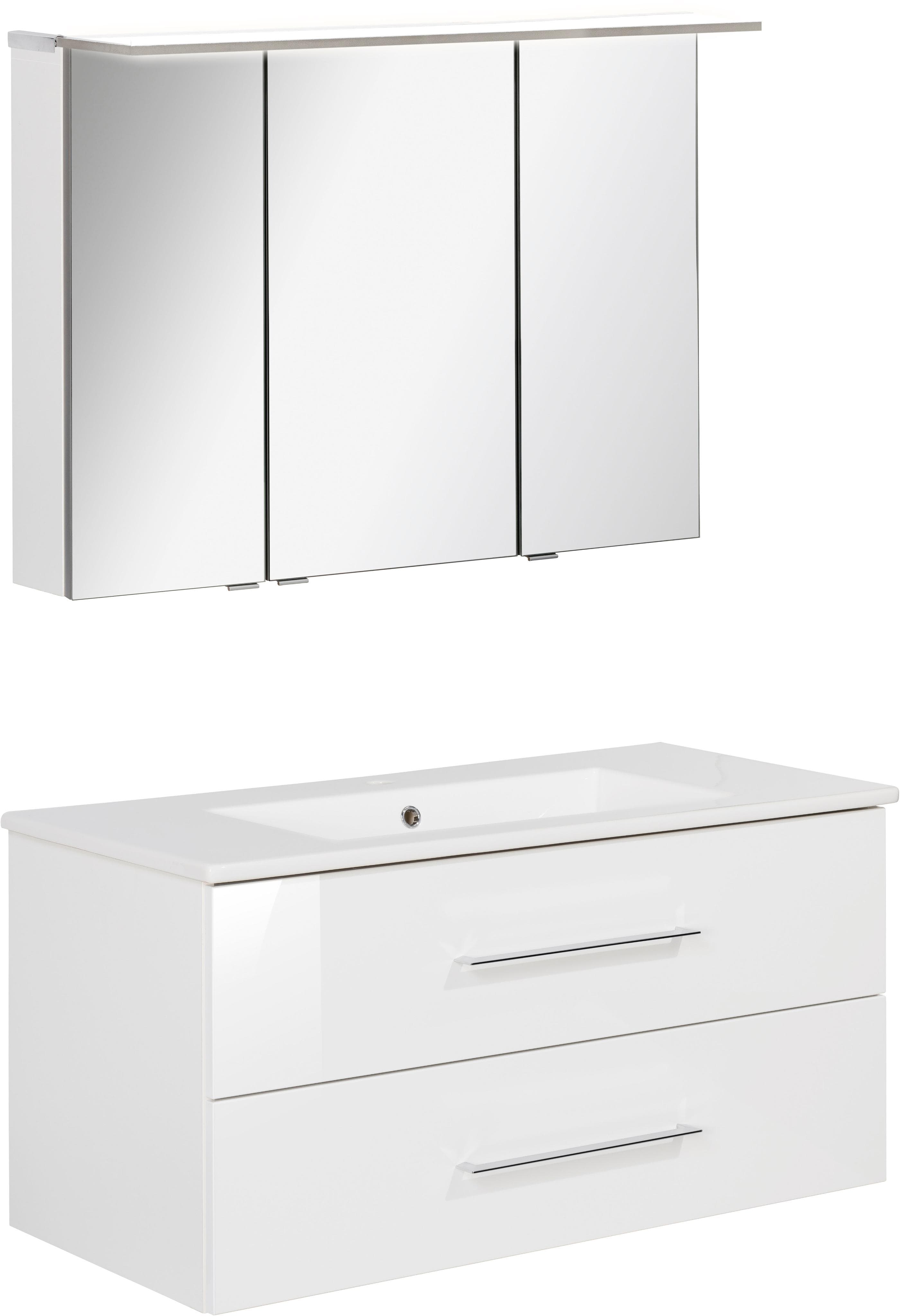 3-teiliges Badmöbelset mit LED-Spiegelschrank Weiß
