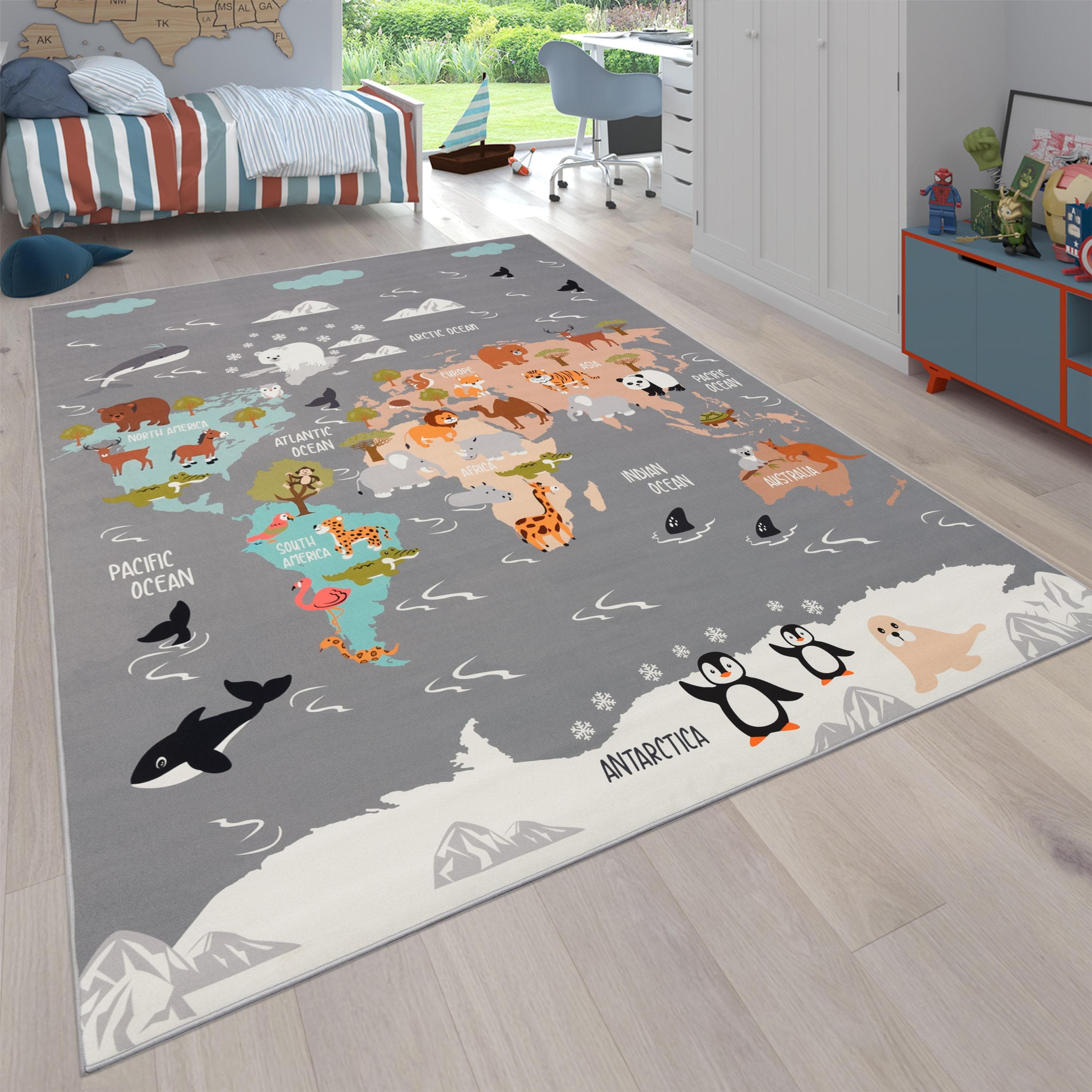 PACO HOME Kinderteppich Bino 581 Grau Weltkarte Motiv