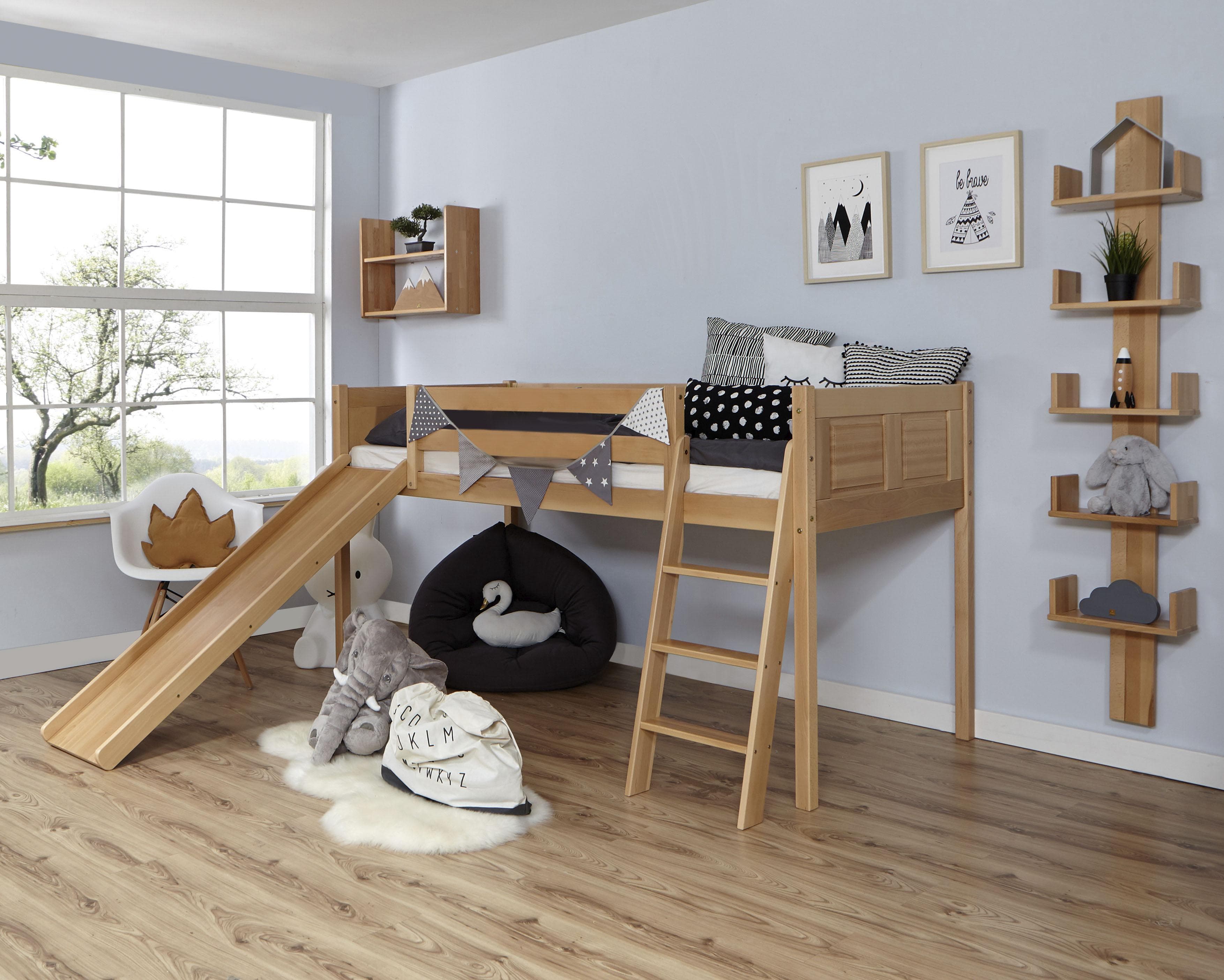 TICAA Hochbett Ekki Buche mit Rollrost und Rutsche