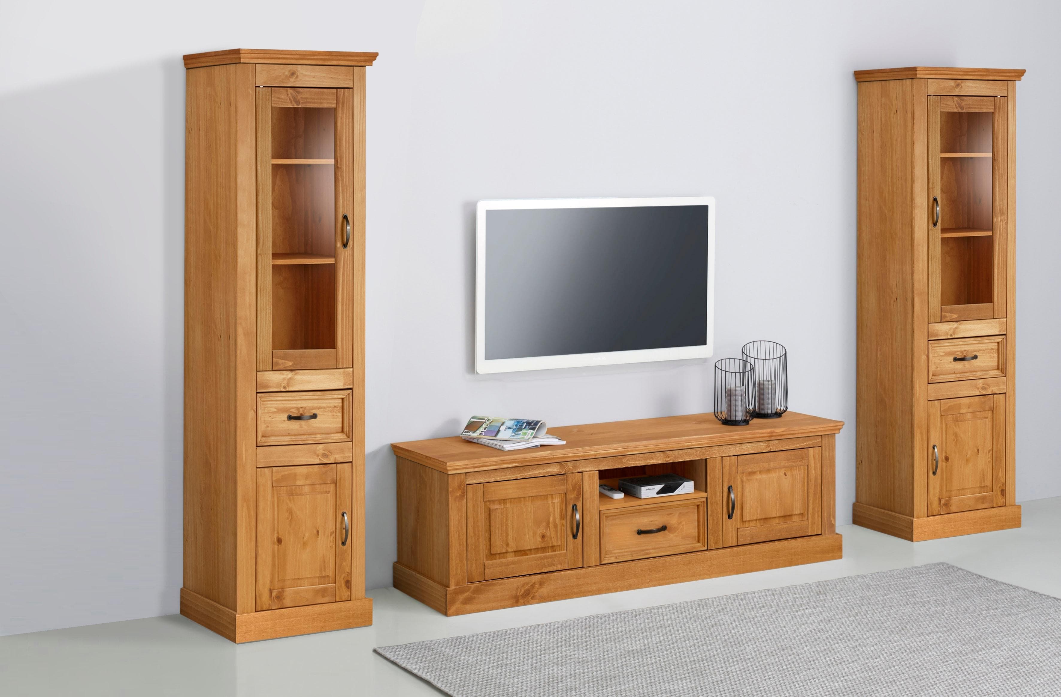OTTO HOME Wohnwand Selma Massivholz Beige Braun 2 Vitrinen Lowboard