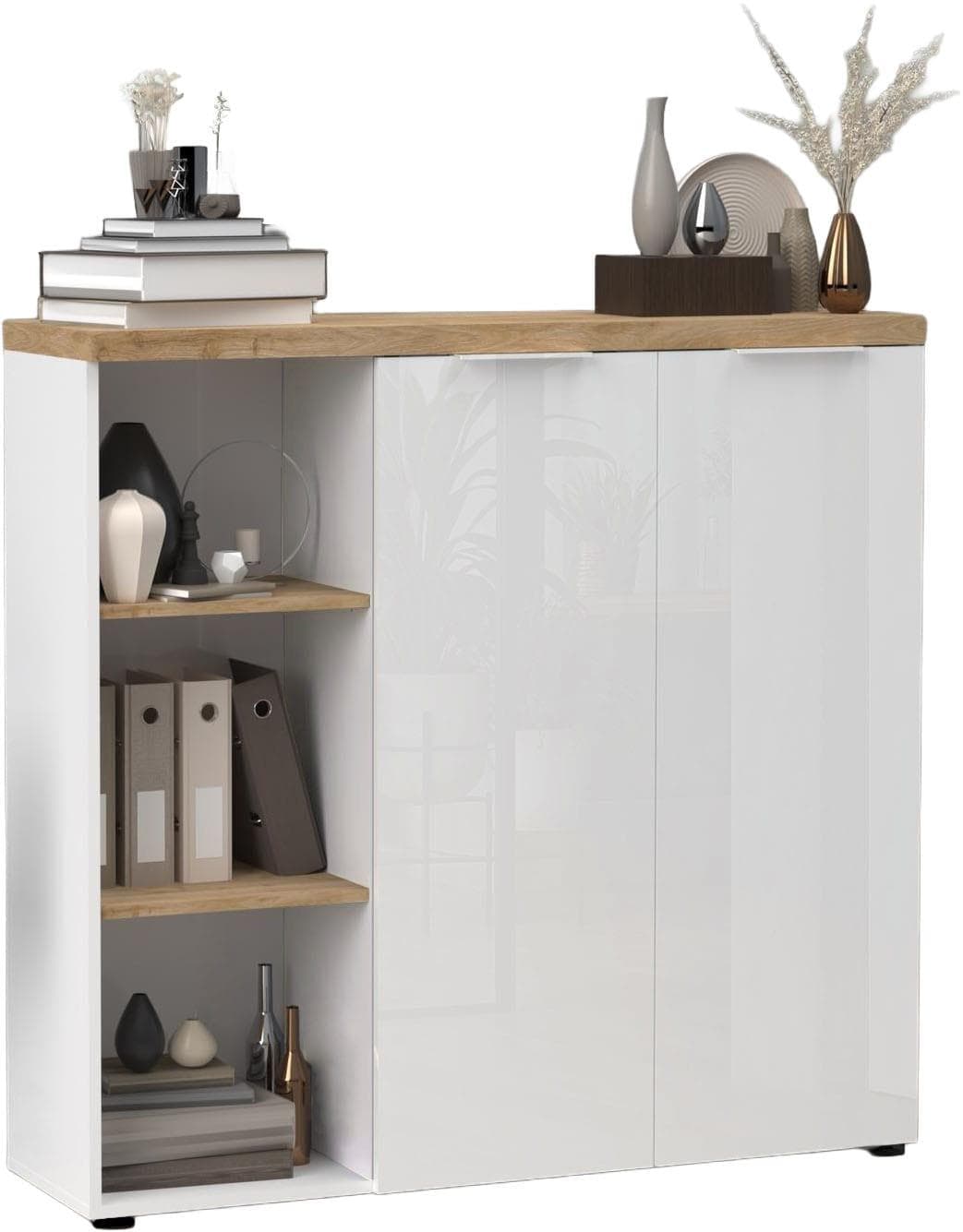 Aktenschrank INOSIGN Easy H 115 cm Büroschrank Mehrzweckschrank Weiß Hochglanzlack Eiche Cadiz Dekor