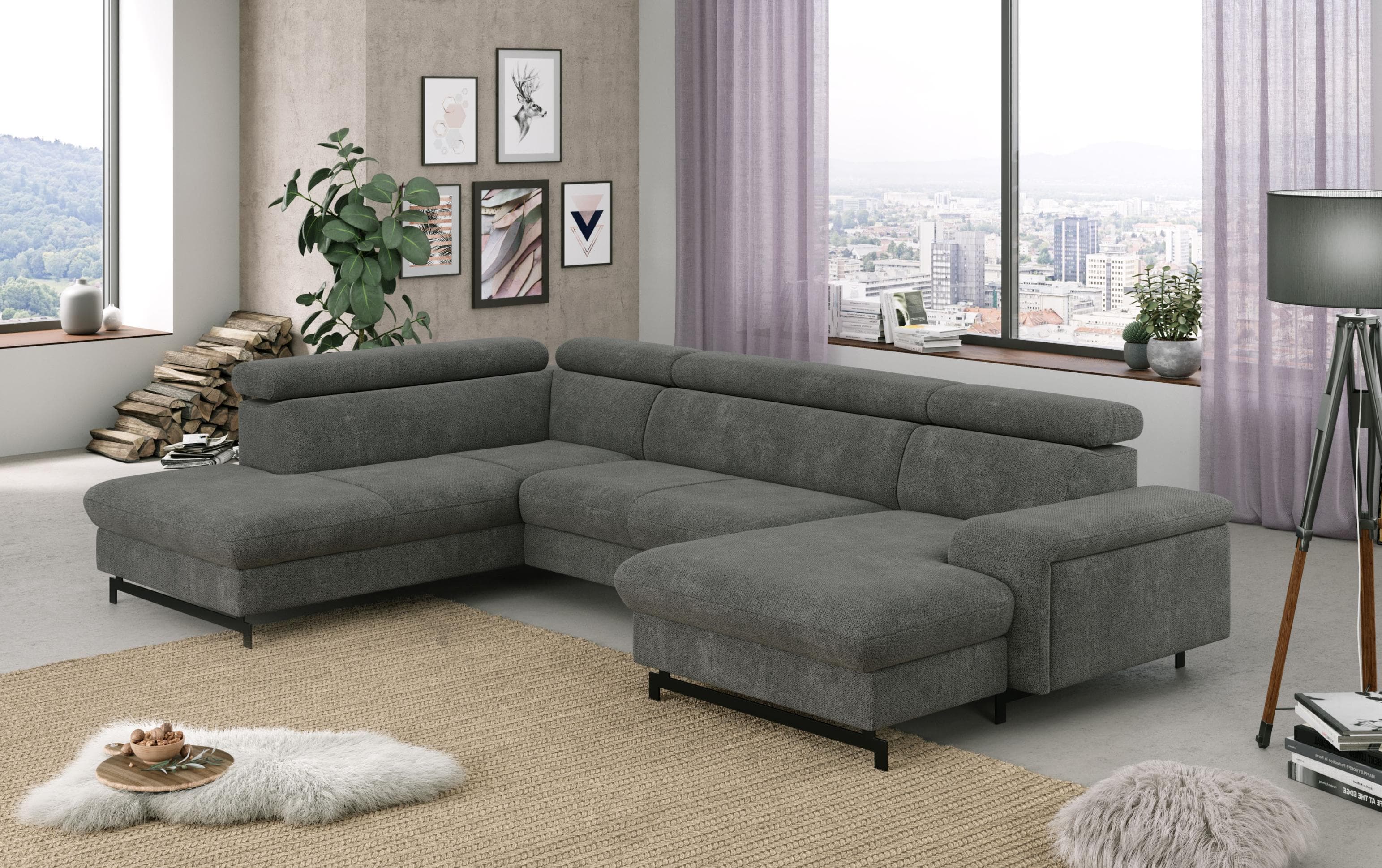 COTTA Wohnlandschaft Emma U-Form Grau mit Bettfunktion
