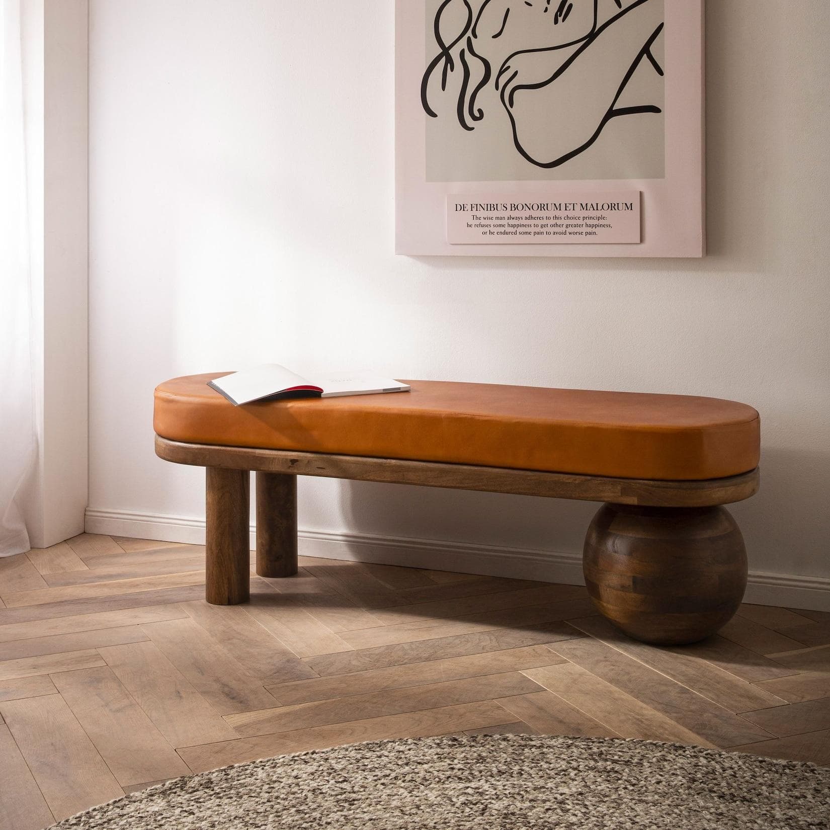 FineBuy Flurbank Echtleder Holz Massiv 140 cm Polsterbank Braun