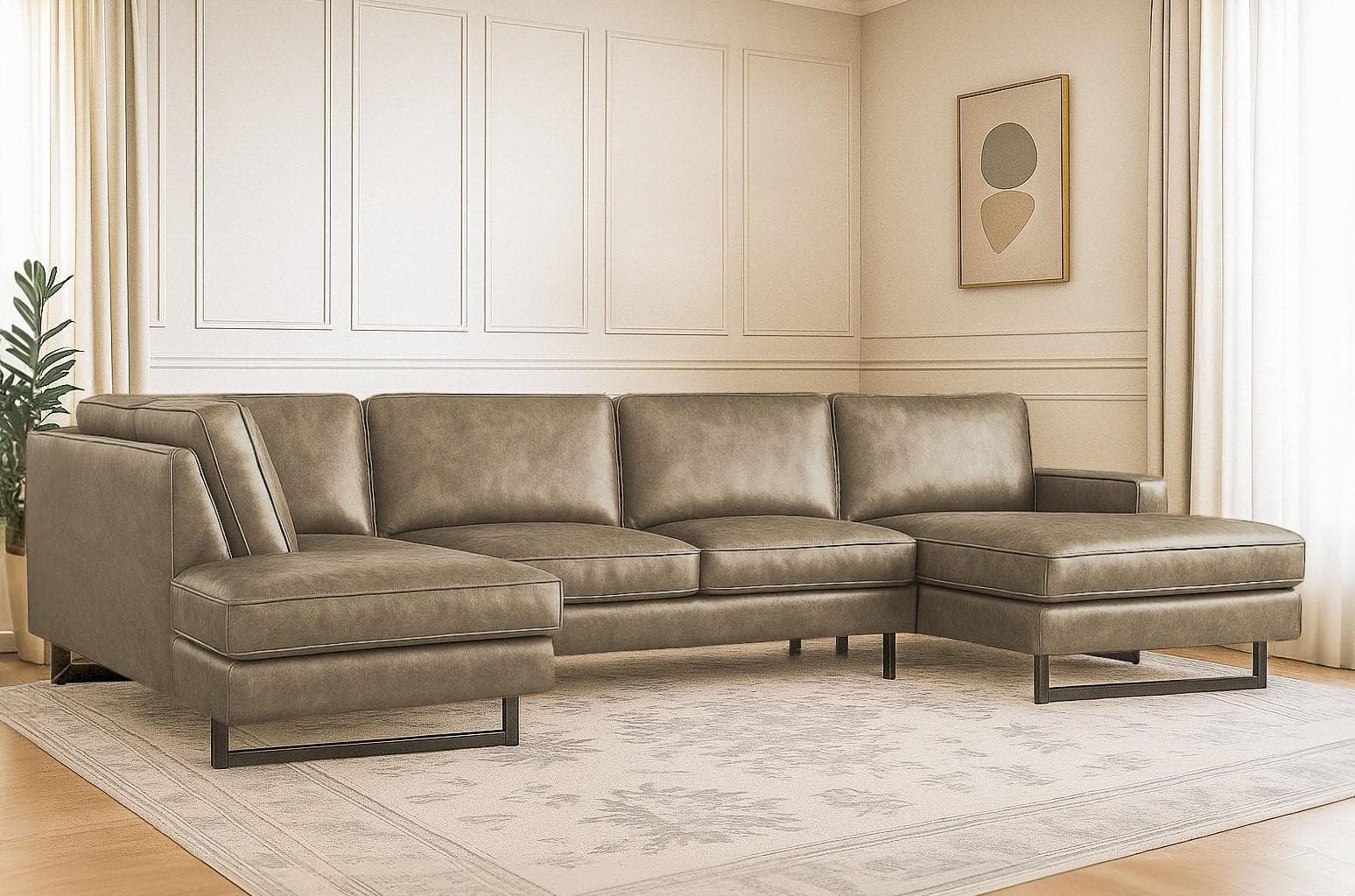 Luxus Wohnlandschaft U-Form mit Ottomanen in Cord & Leder/Chenille