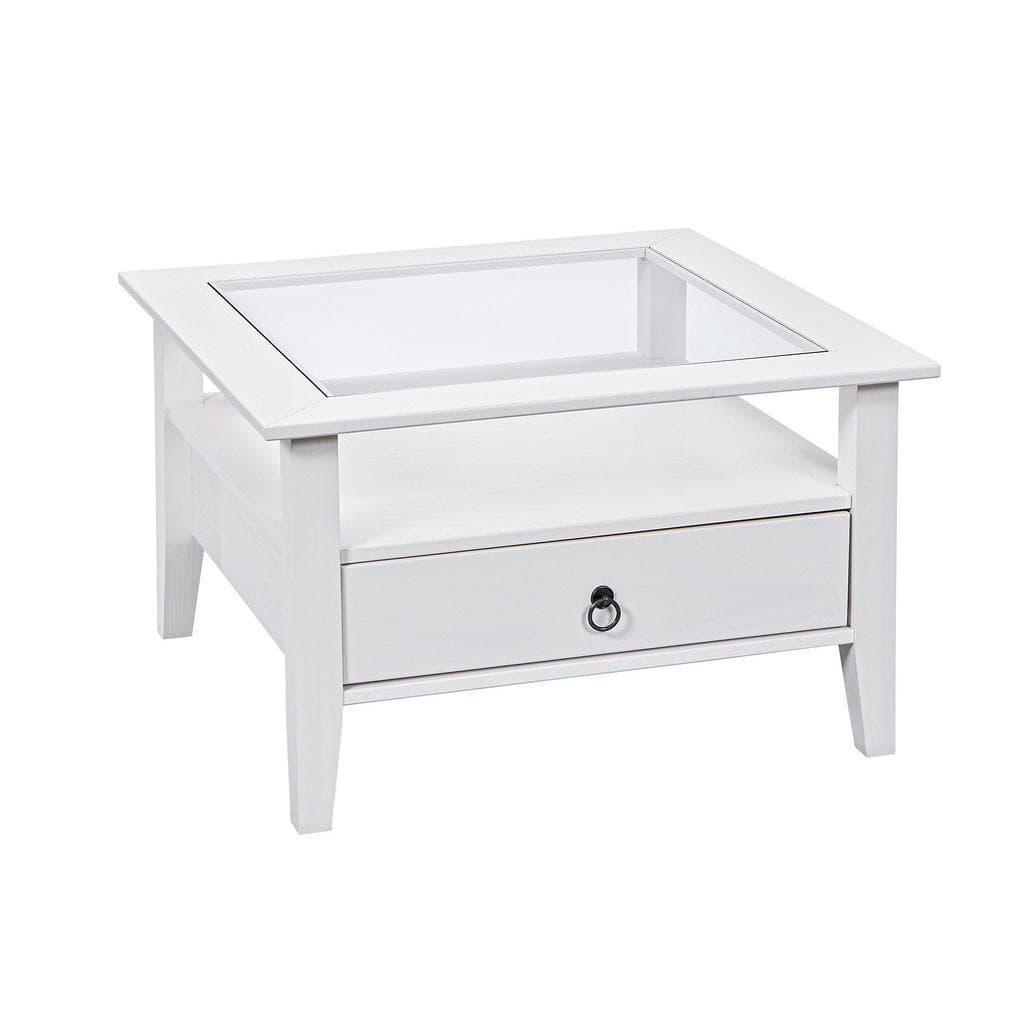 Massivholz Couchtisch mit Schublade und Sicherheitsglas - Landhaus Charme