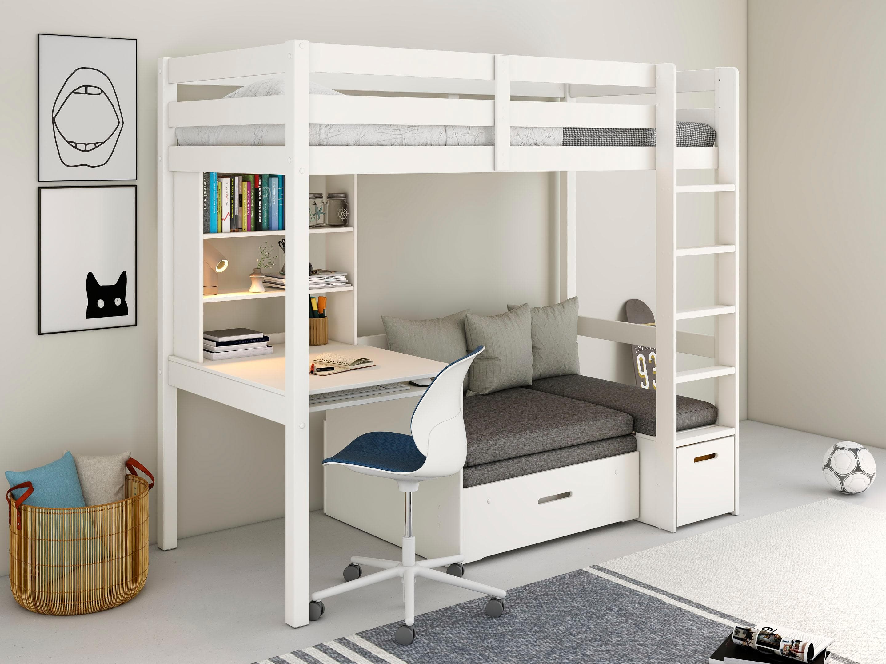 Ausziehbares Etagenbett mit Schreibtisch und Stauraum | Mehrere Farben