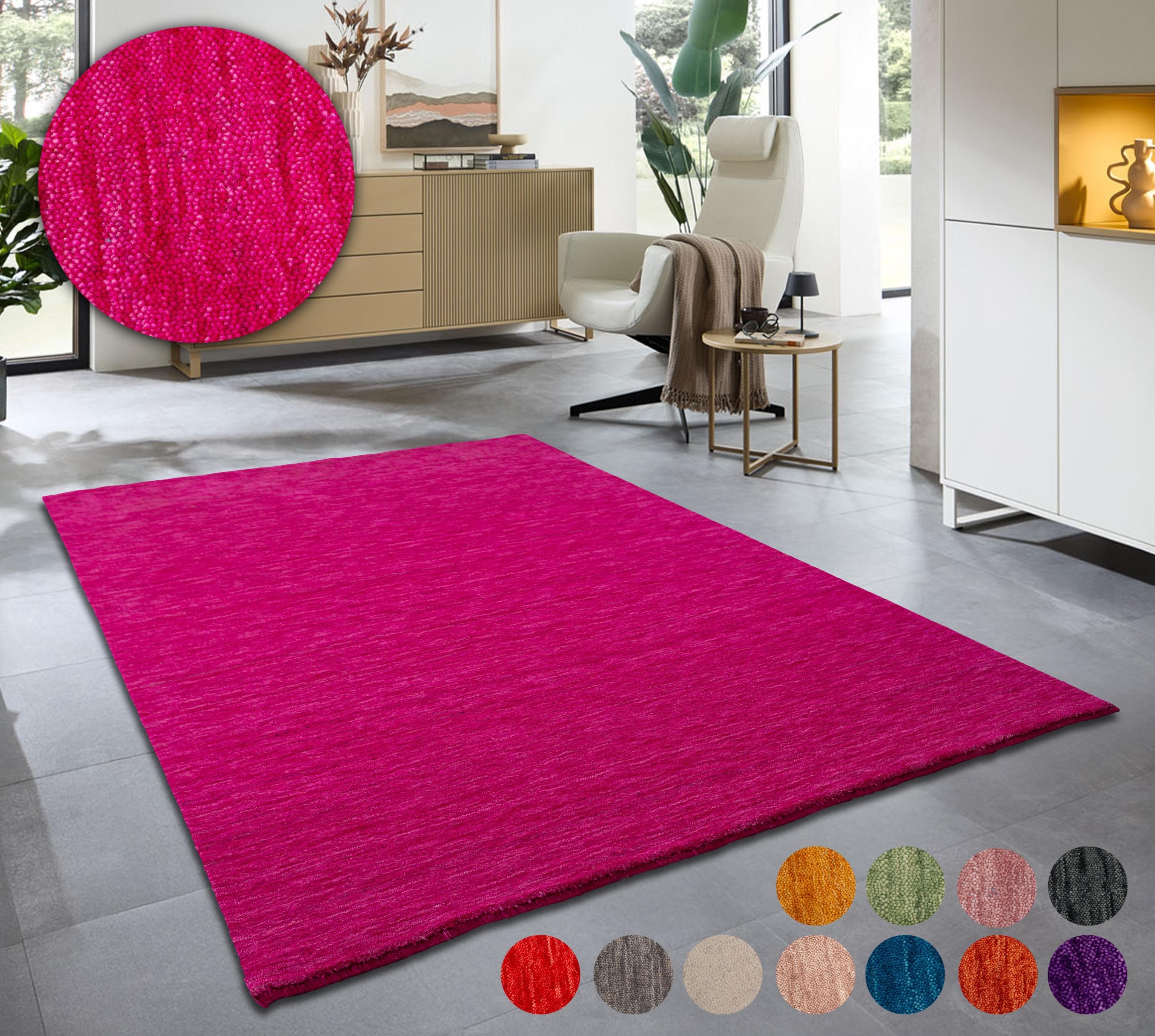 THEKO Wollteppich Holi Pink Handgewebt Uni