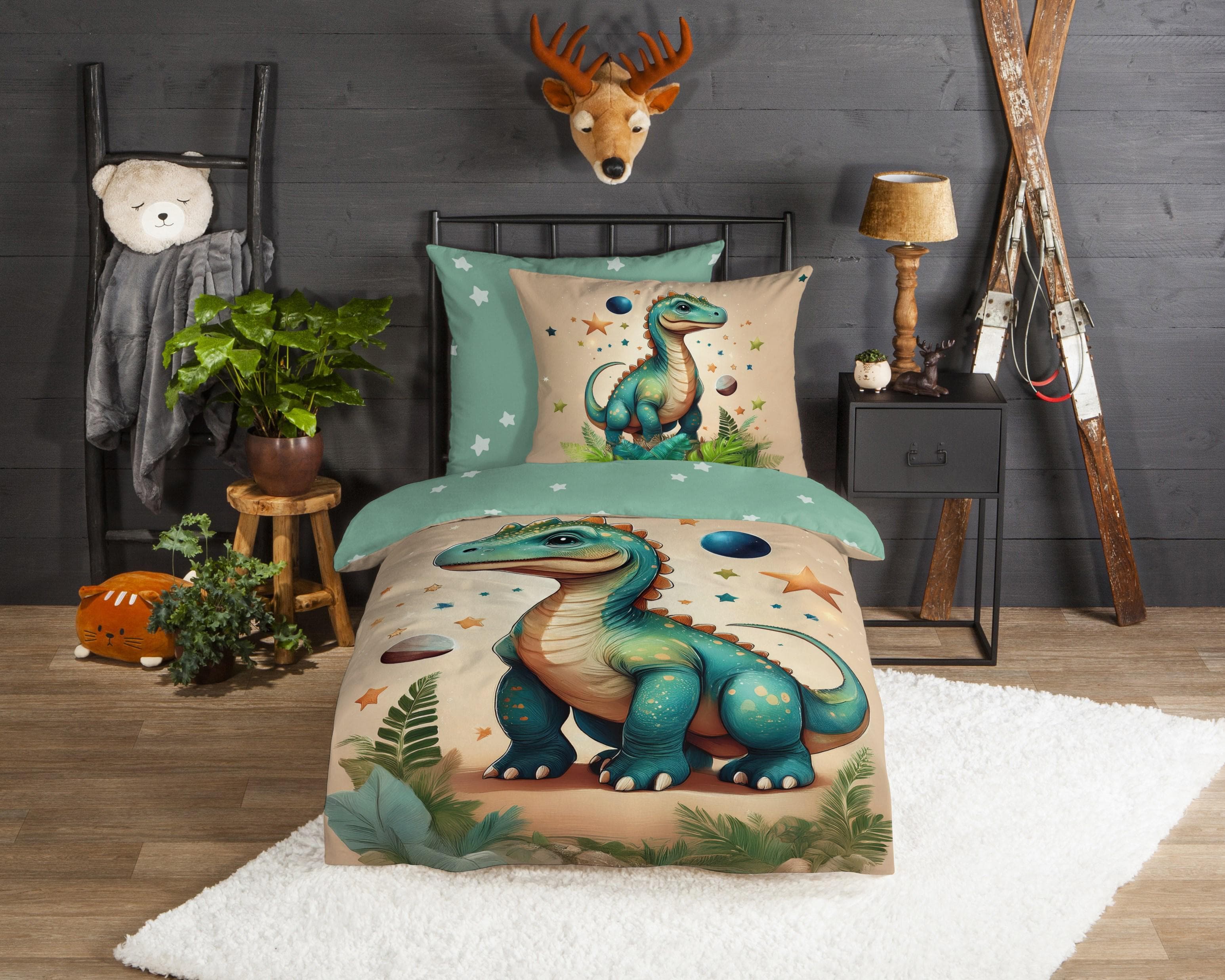 Dino-Kinderbettwäsche aus Baumwolle und Flanell