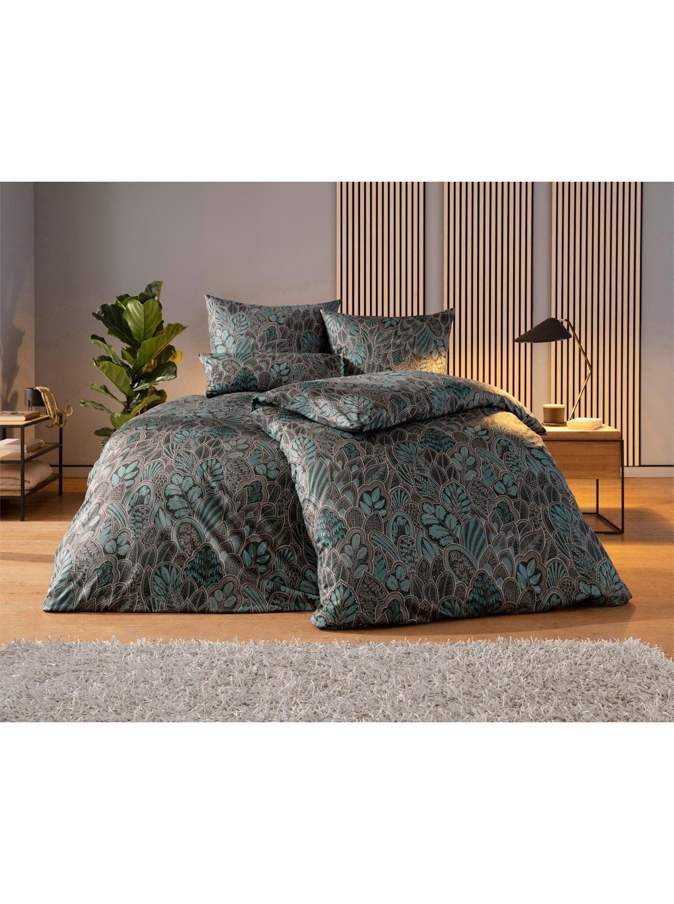 Estella Bettwäsche Grün Blätter-Muster Mako-Satin