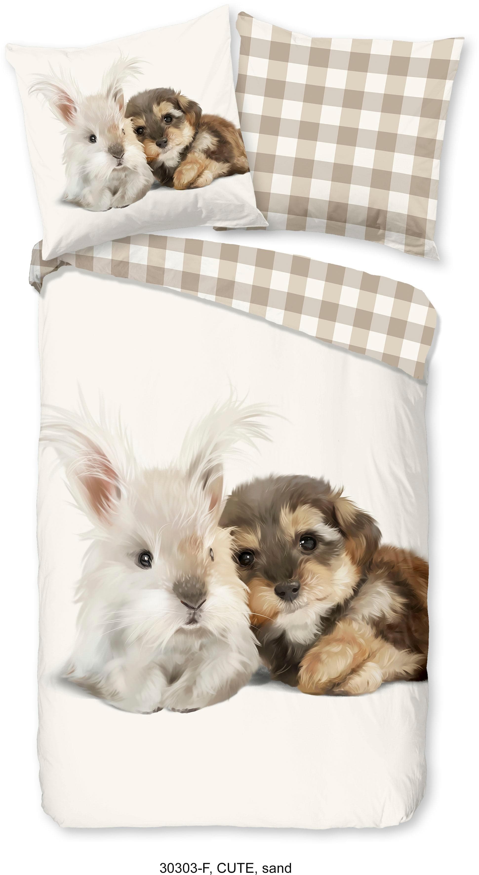 Good Morning Kinderbettwäsche Cute Rabbit & Dog Beige Flanell Wendebettwäsche
