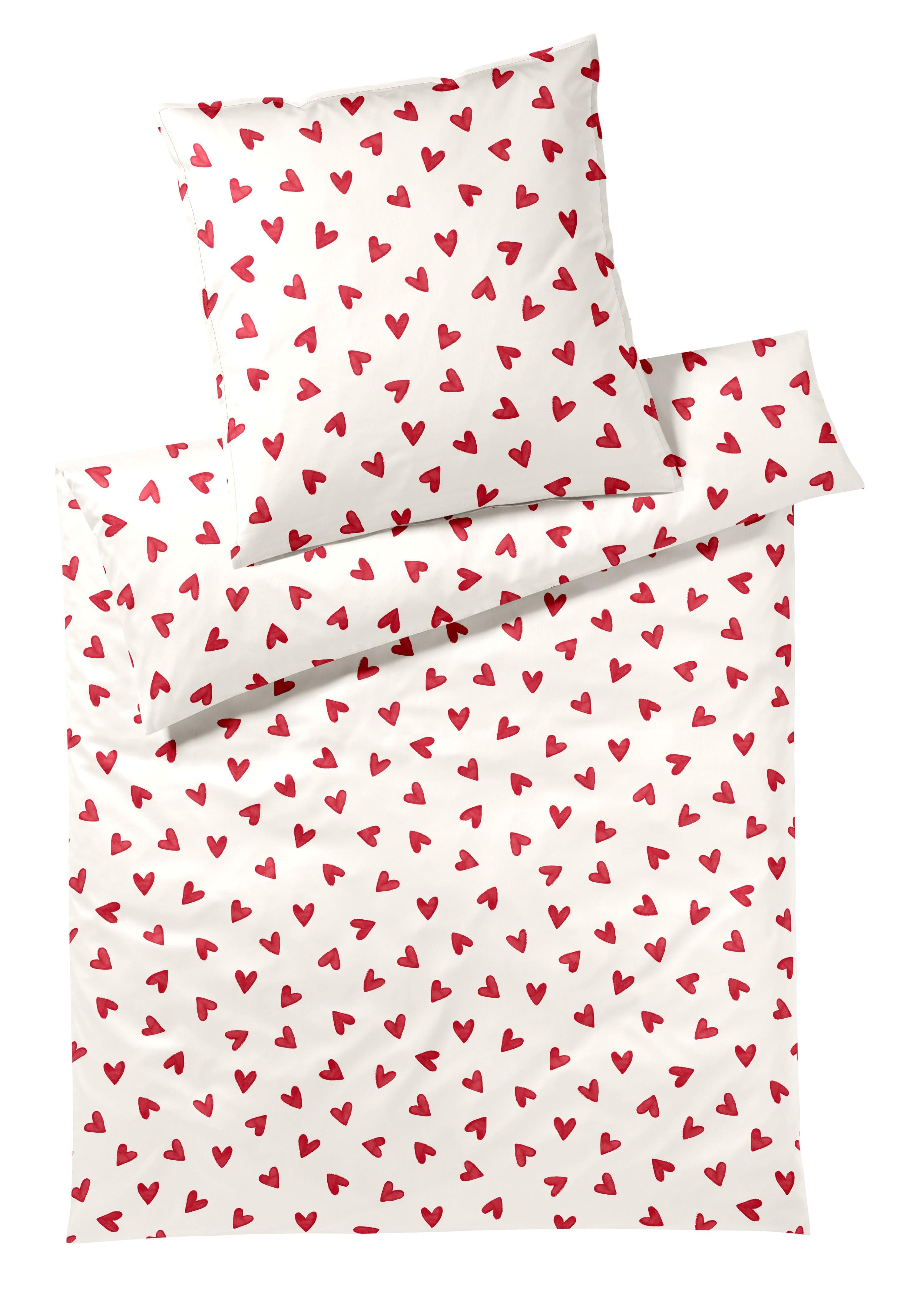 Elegante Bettwäsche Cherie Himbeerrot Mako-Satin Herz-Design